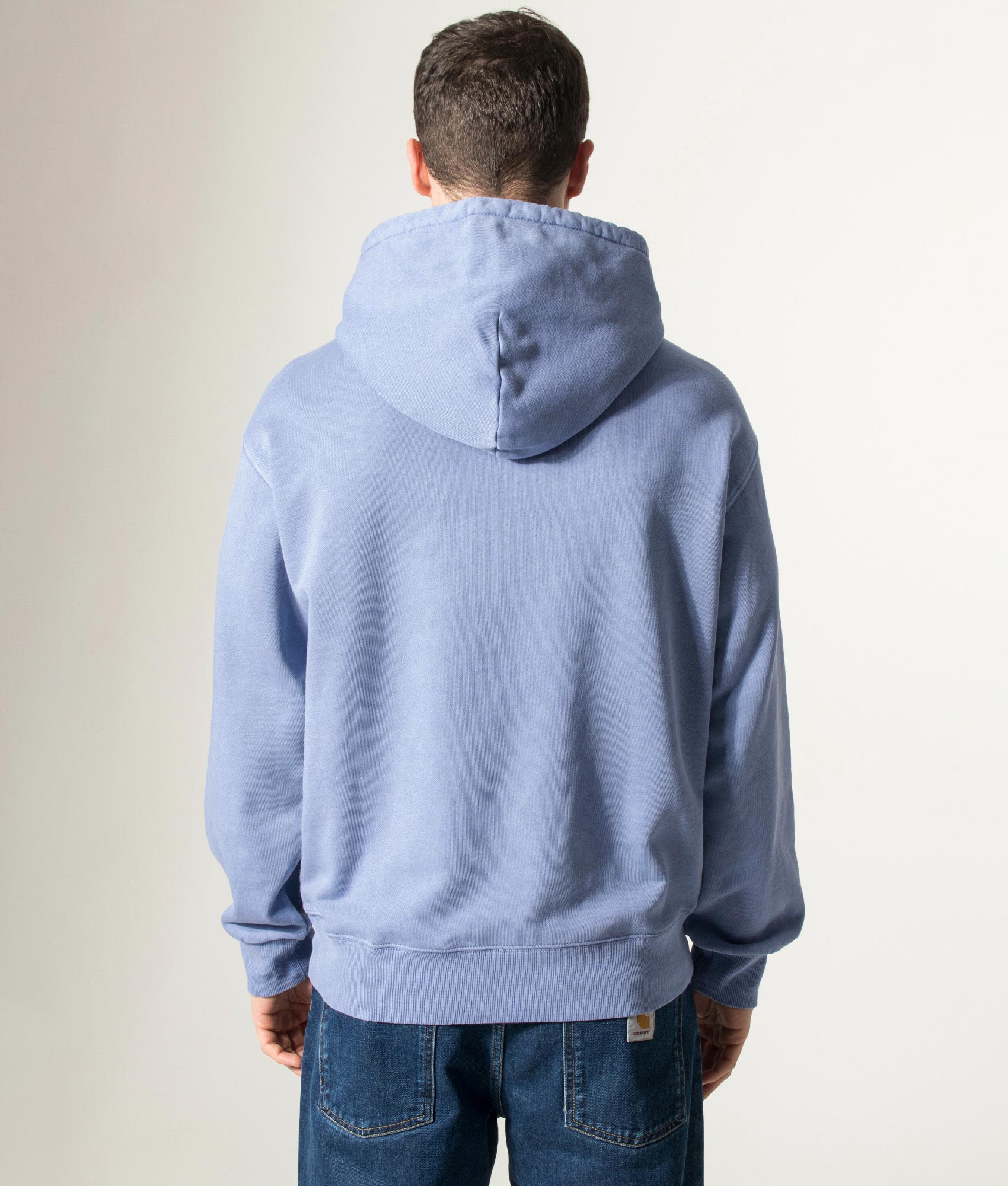 Carhartt WIP Oversized Nelson Sweatshirt in Gentle Blue at EQVVS Menswear. Model back shot.