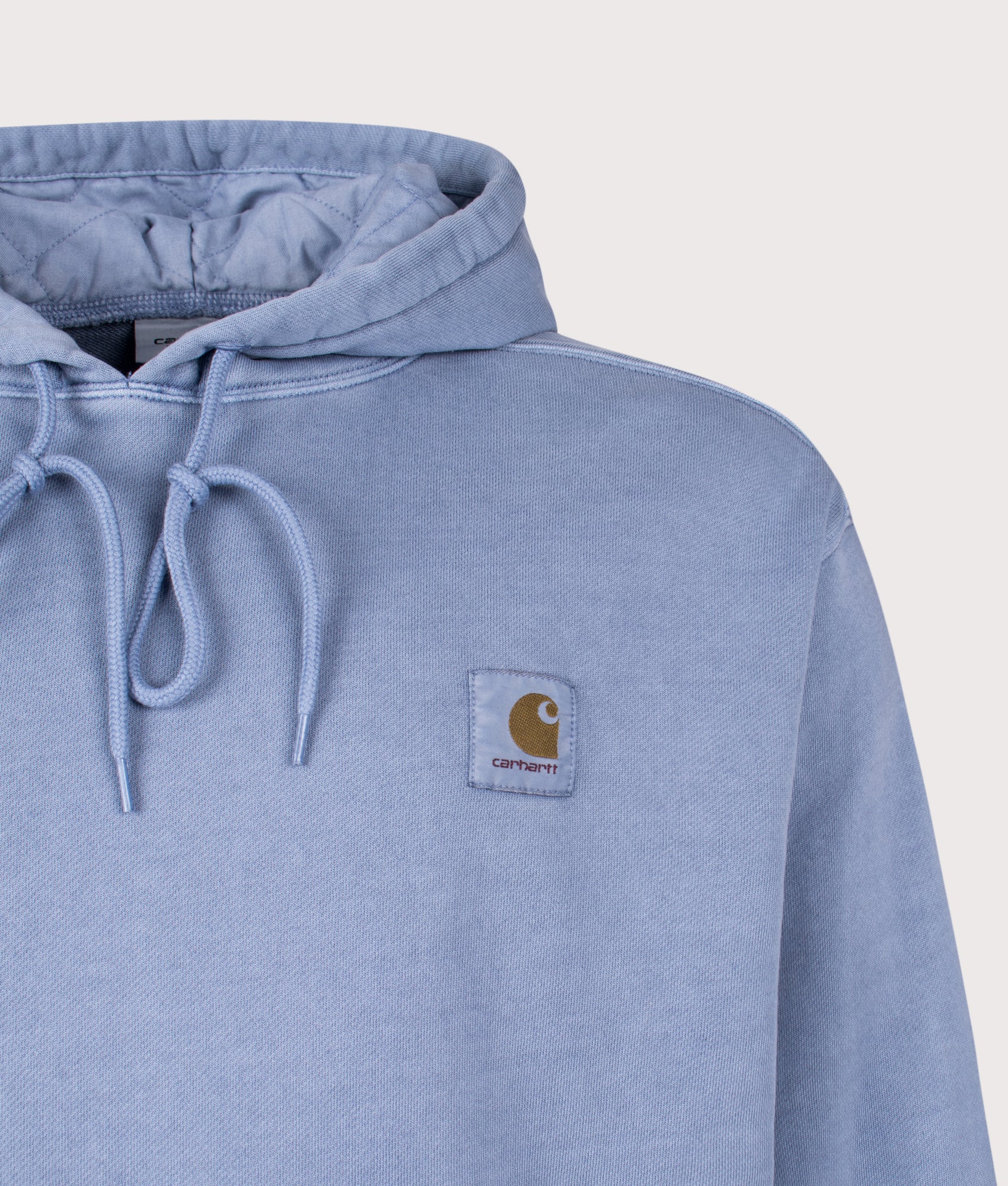Carhartt WIP Oversized Nelson Sweatshirt in Gentle Blue at EQVVS Menswear. Detail shot.