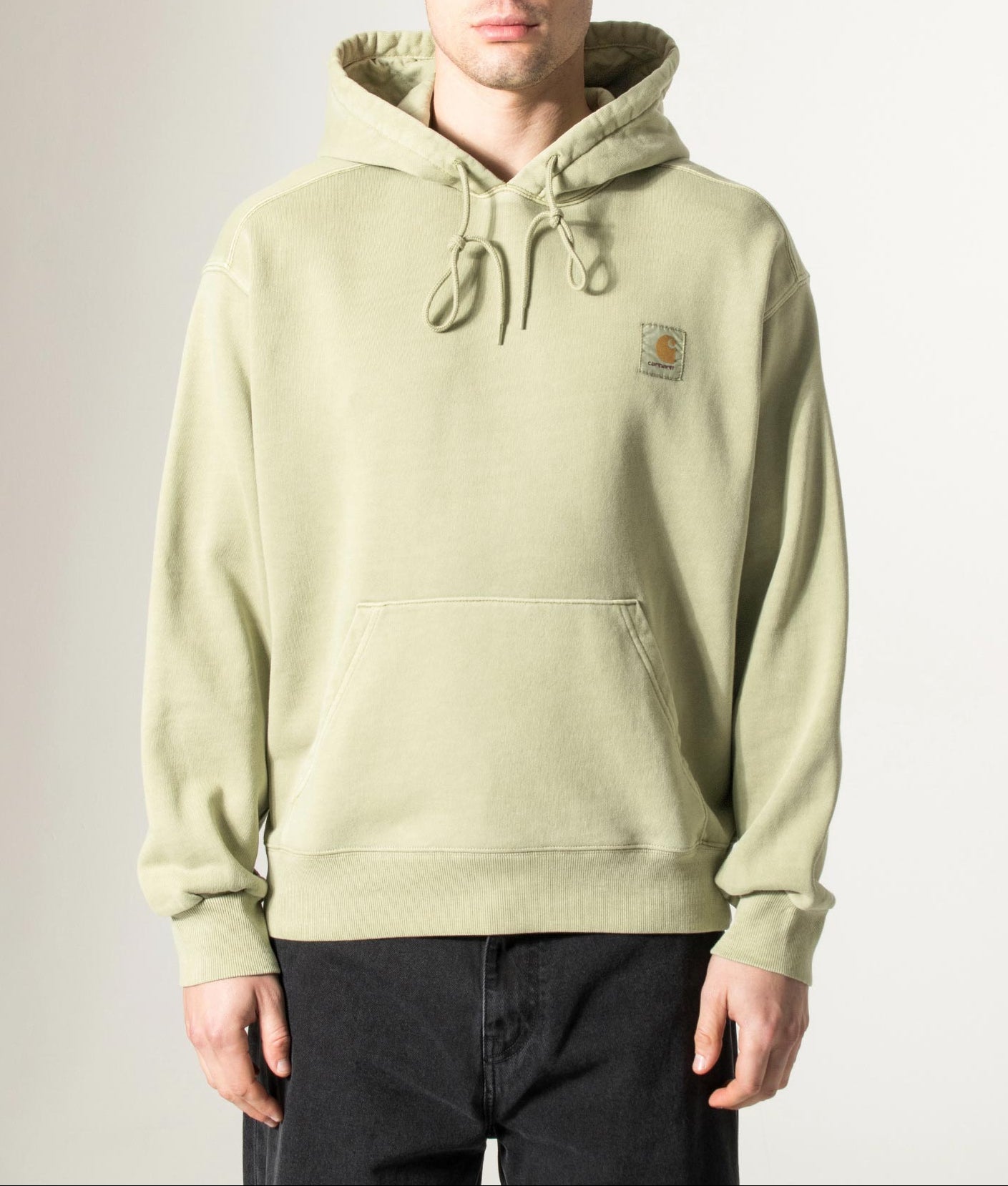 Carhartt WIP Oversized Nelson Sweatshirt in Gentle Green at EQVVS Menswear. Model front shot.
