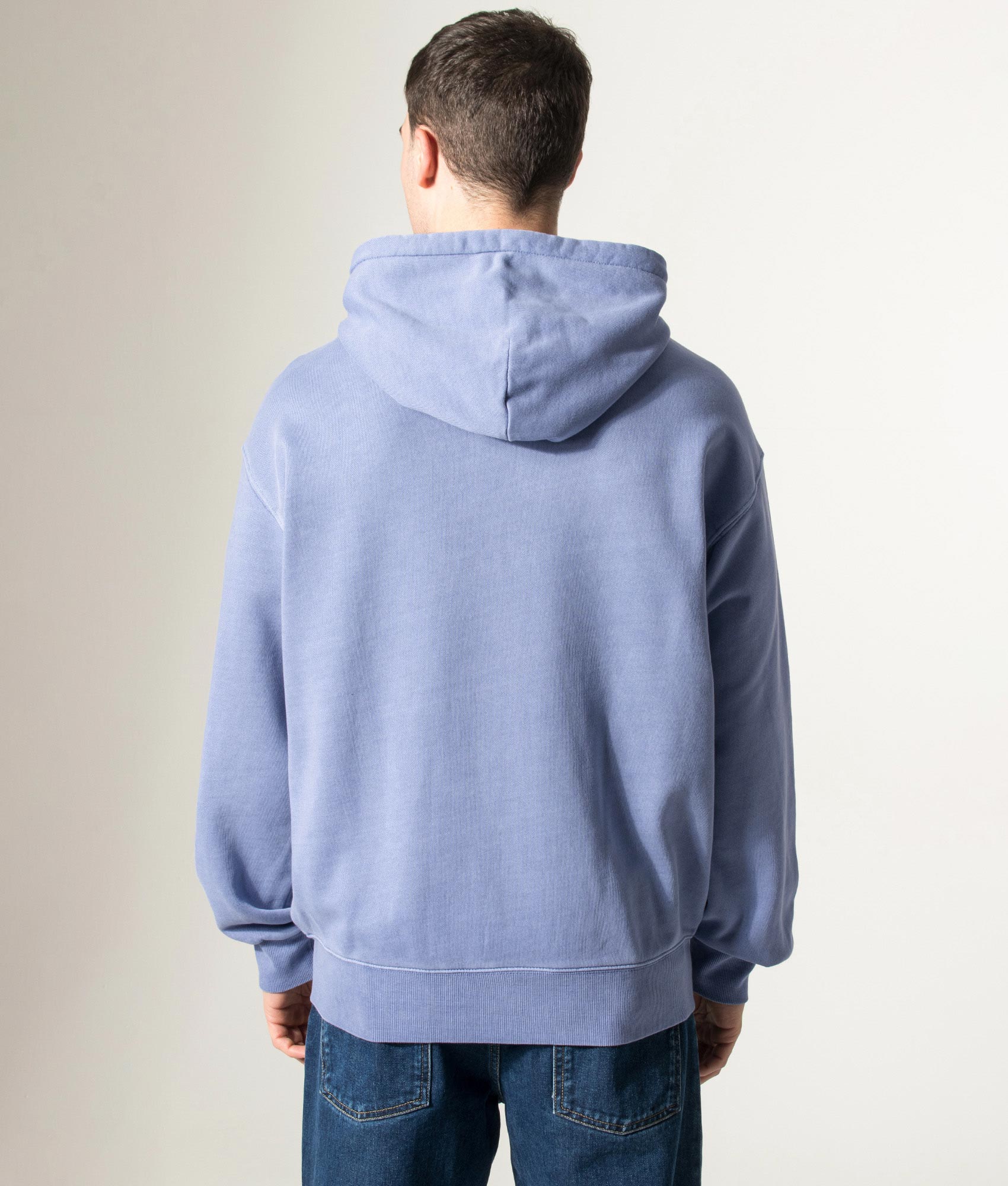 Carhartt WIP Oversized Nelson Sweatshirt in Gentle Blue at EQVVS Menswear. Model back shot.