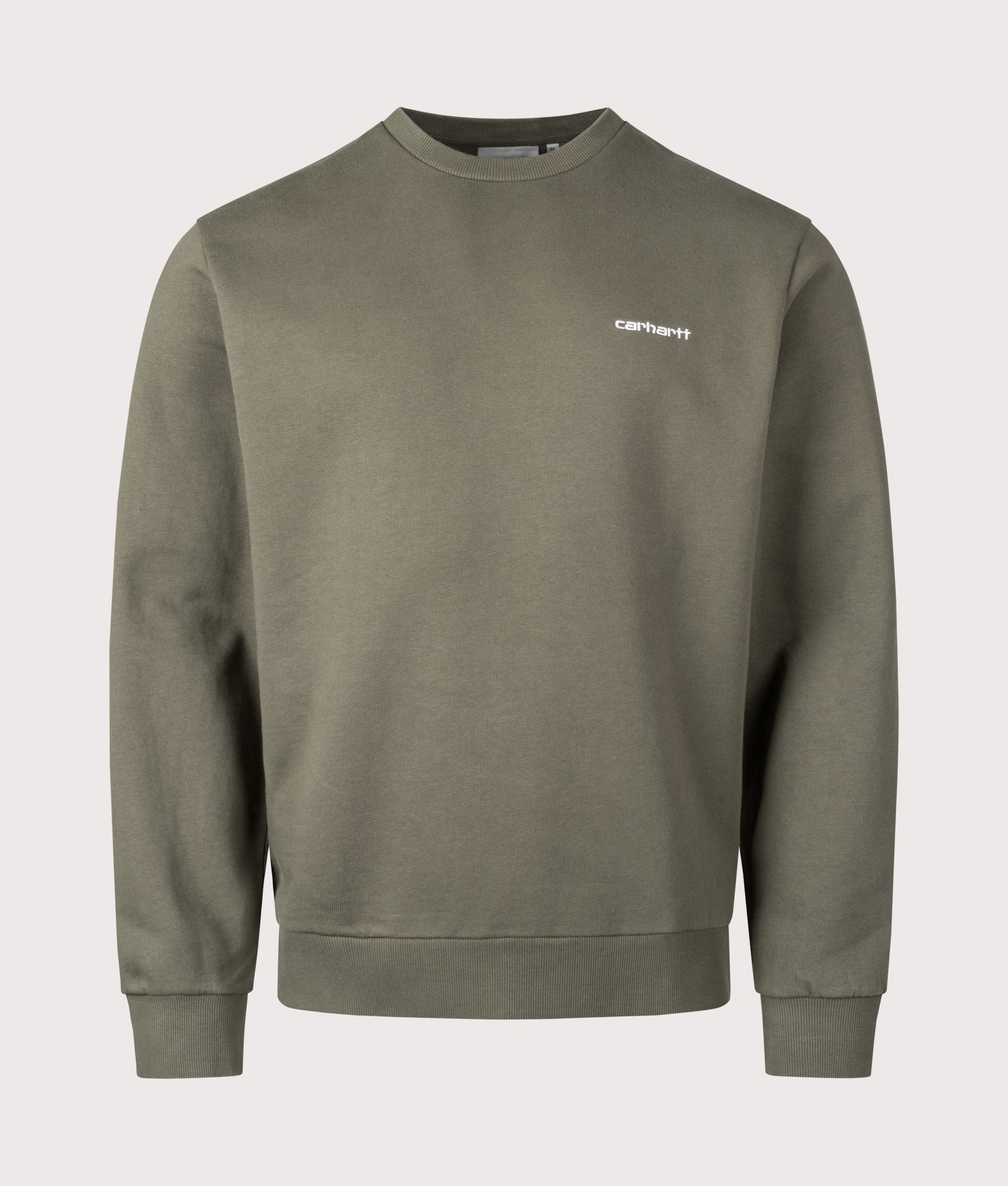 Carhartt WIP Script Embroidery Sweatshirt in Leaf and White at EQVVS Menswear. Front shot.
