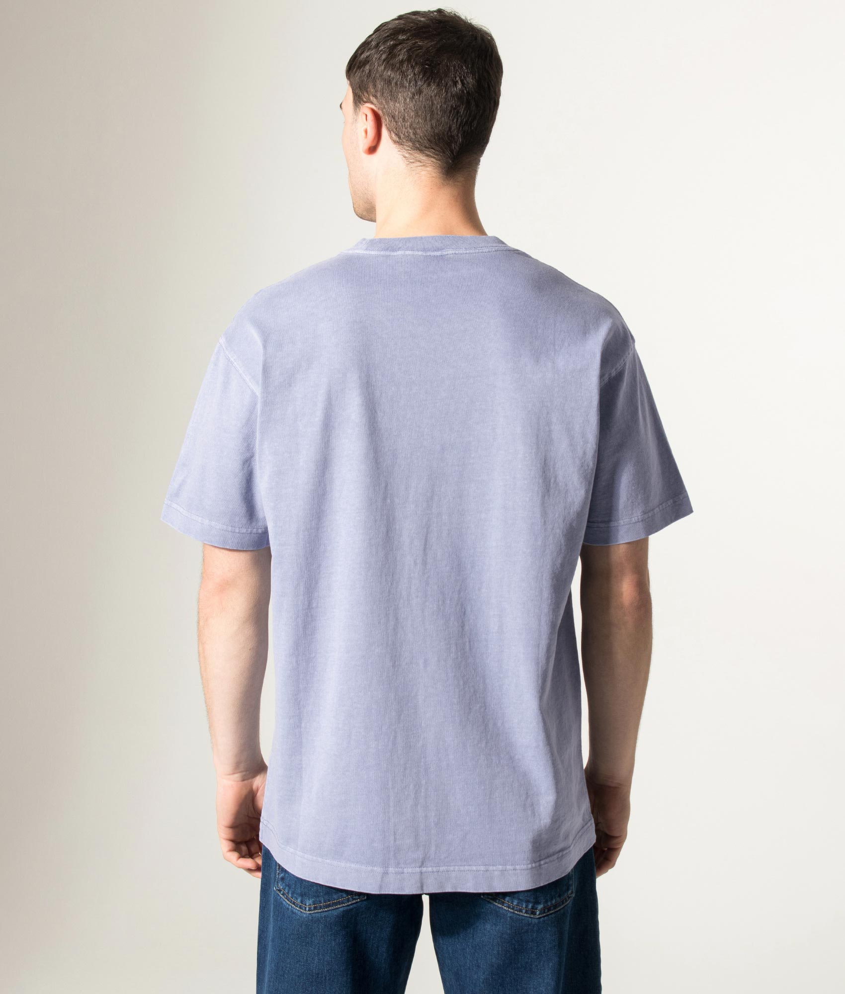 Carhartt WIP Relaxed Fit Nelson T-Shirt in Gentle Blue at EQVVS Menswear. Model back shot.