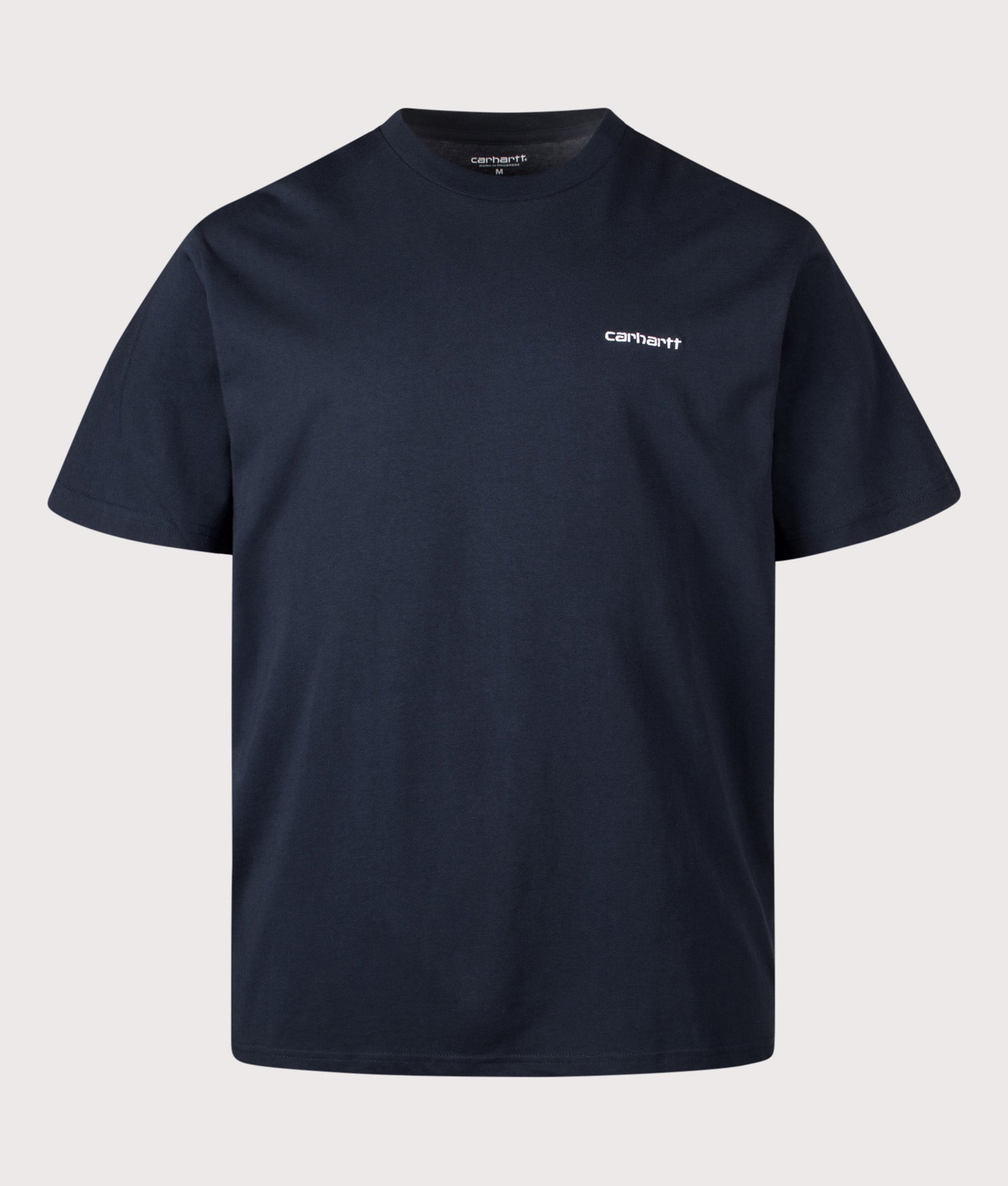 Carhartt WIP Loose Fit Script Embroidery T-Shirt in Deep Night and White at EQVVS Menswear. Front shot.