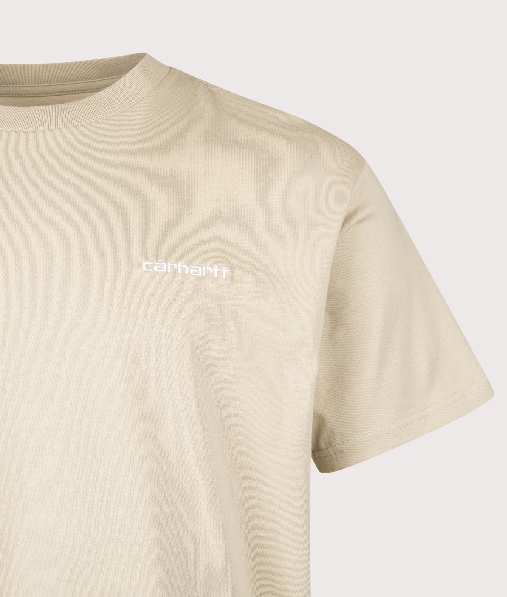 Carhartt WIP Loose Fit Script Embroidery T-Shirt in Barchan and White at EQVVS Menswear. Detail shot.