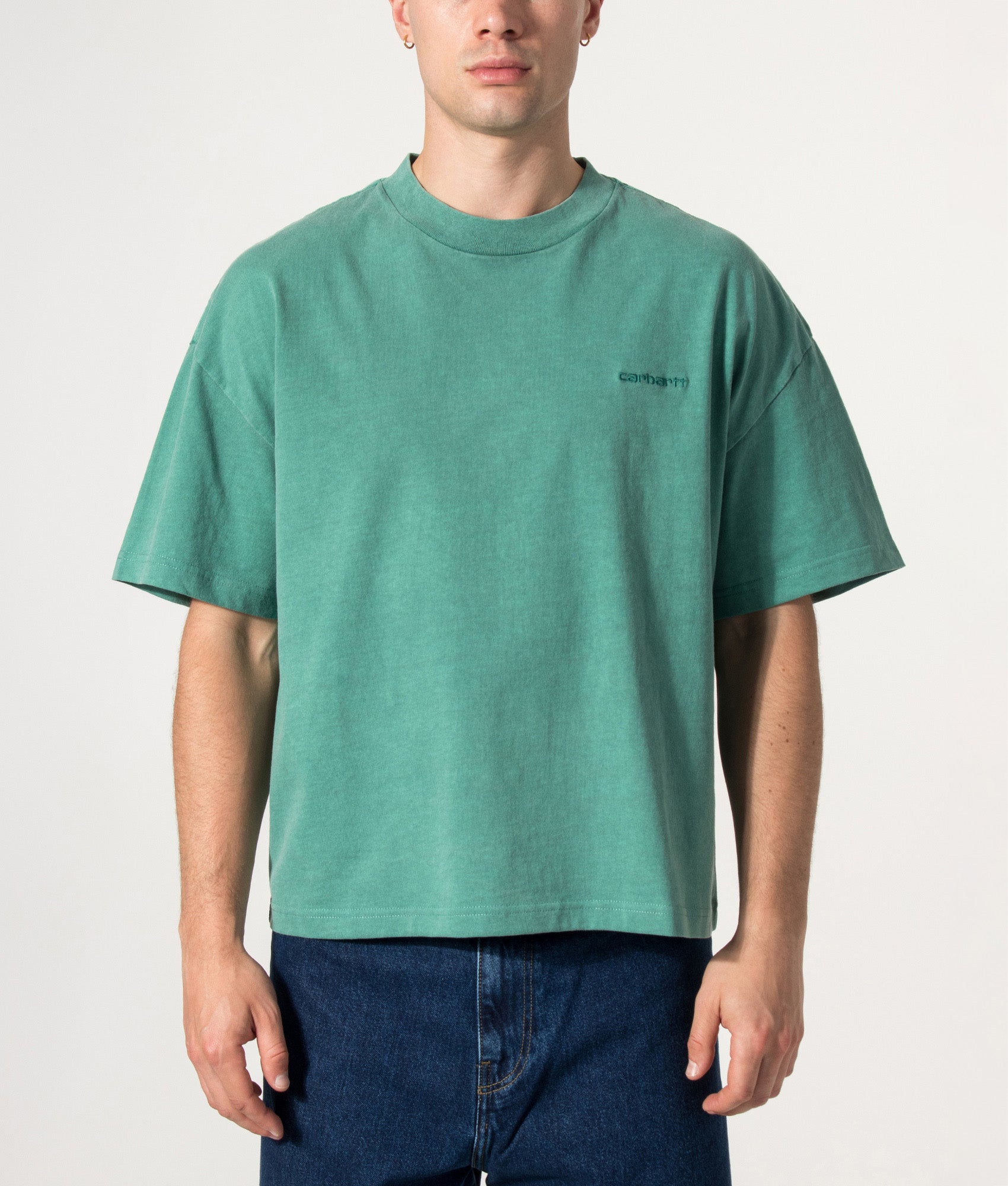 Carhartt WIP Boxy Loose Fit Benton T-Shirt in Lily at EQVVS Menswear. Model front shot.