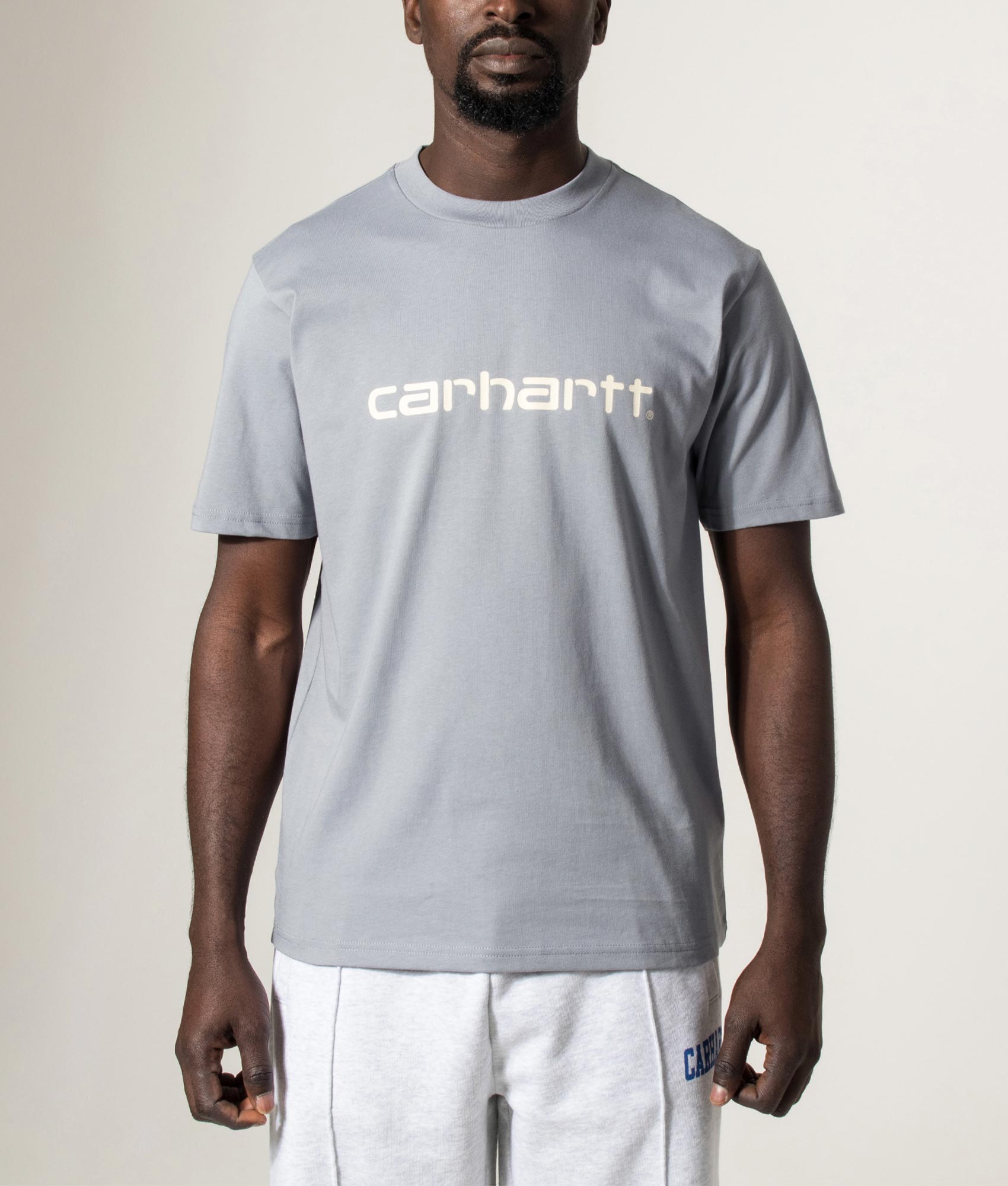 Carhartt WIP Script T-Shirt in Mirror and Cinnerus at EQVVS Menswear. Model front shot.