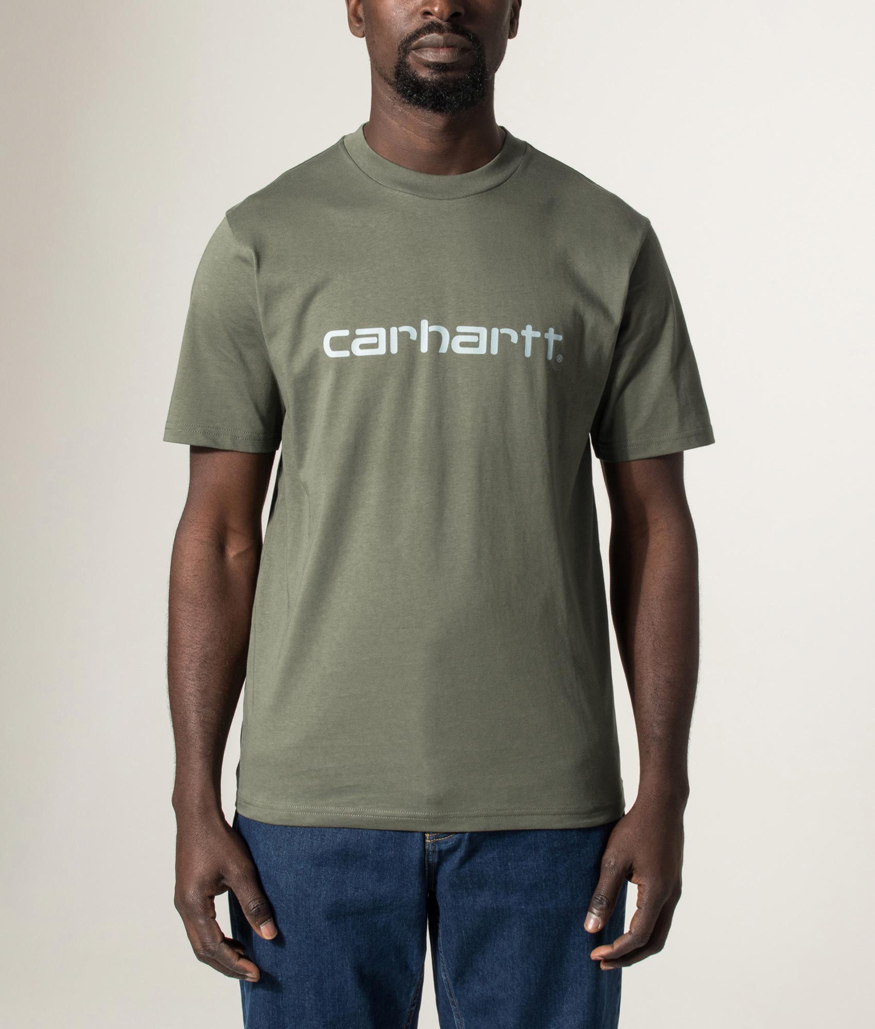 Carhartt WIP Script T-Shirt in Leaf and Tourmaline at EQVVS Menswear. Model front shot.