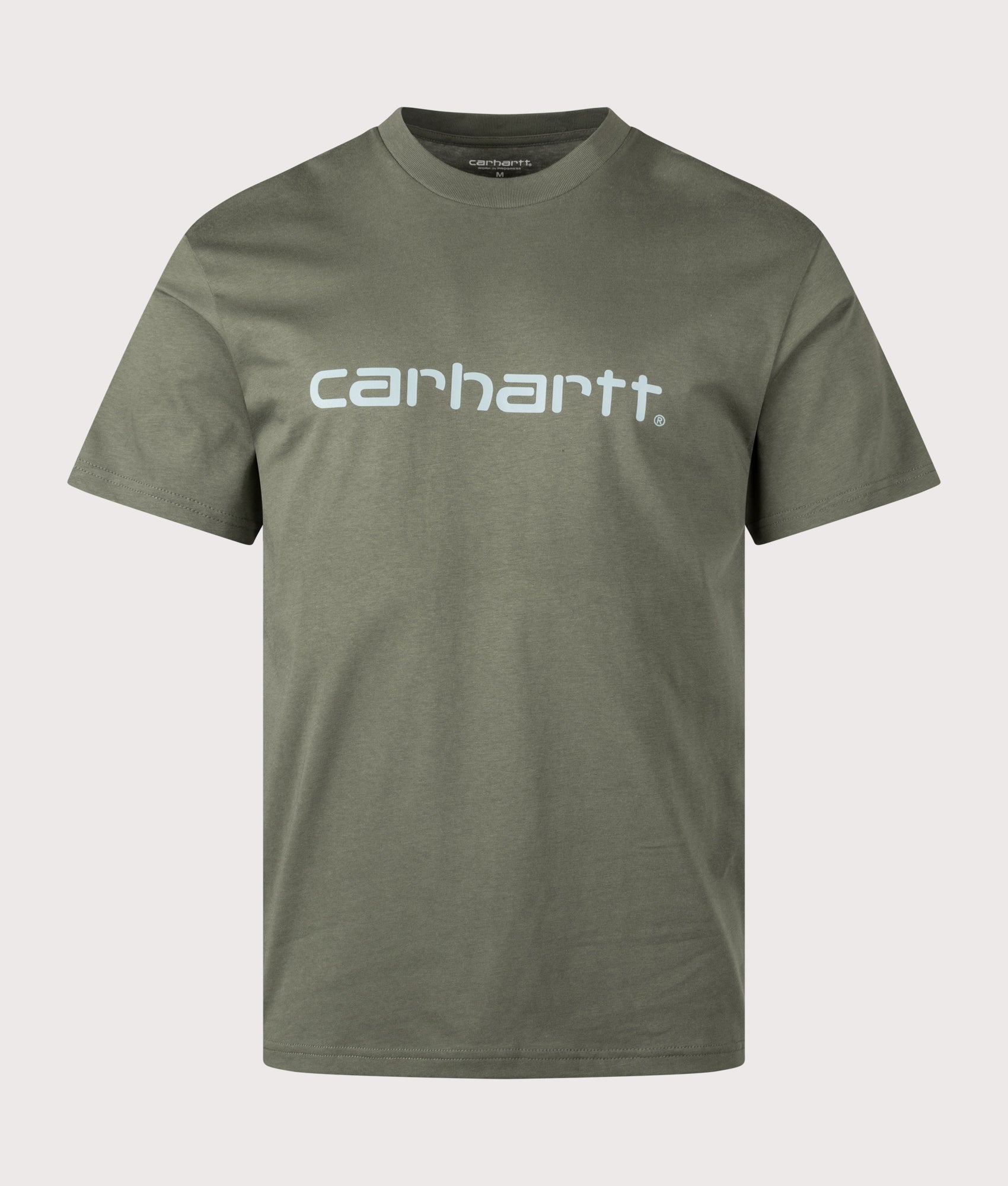 Carhartt WIP Script T-Shirt in Leaf and Tourmaline at EQVVS Menswear. Front shot.