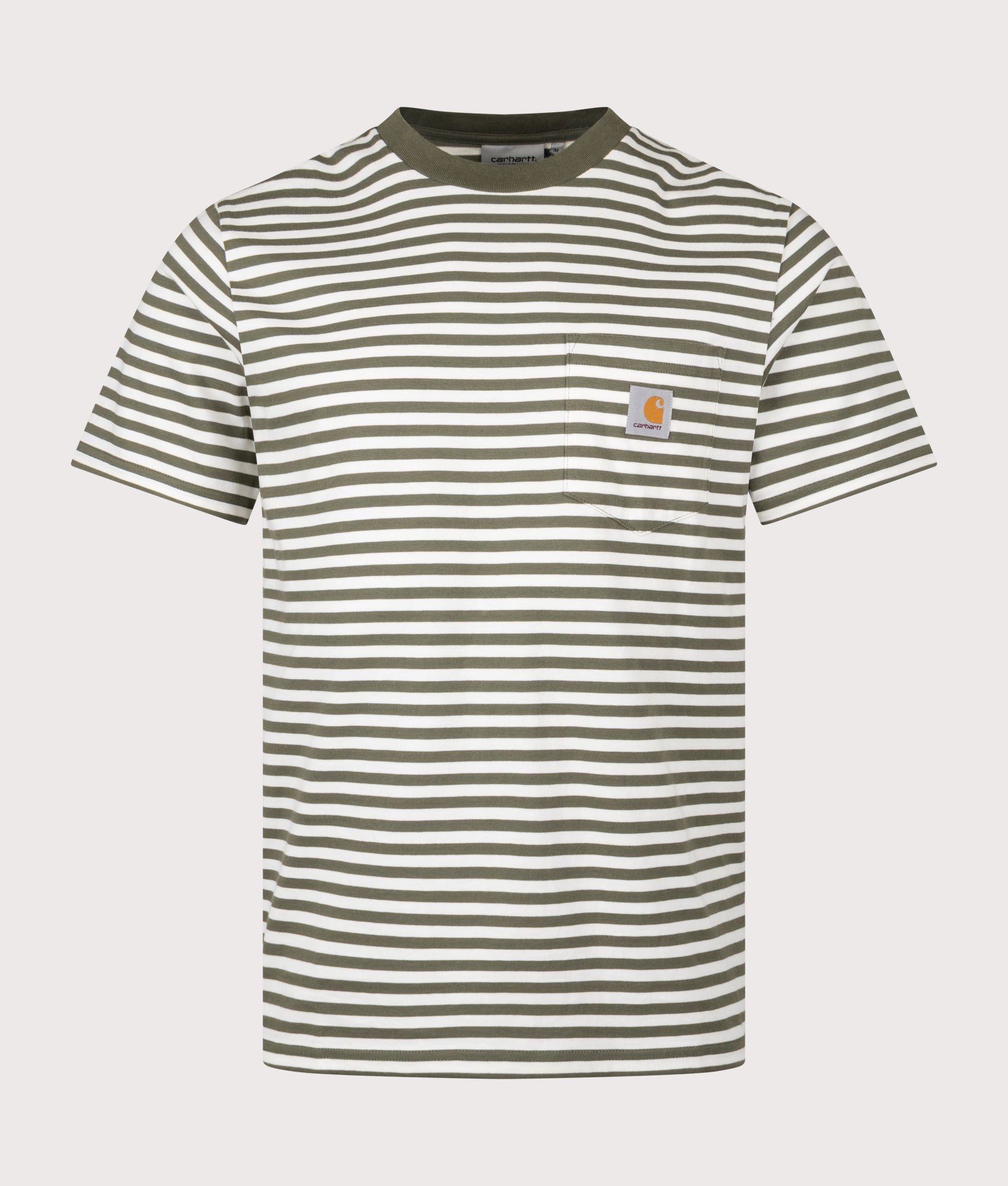 Carhartt WIP Ezra Pocket T-Shirt arrives in Ezra Stripe, Leaf and Wax at EQVVS Menswear. Front shot.