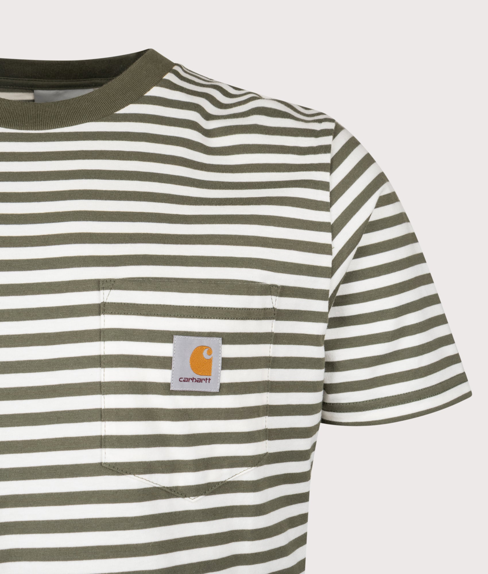 Carhartt WIP Ezra Pocket T-Shirt arrives in Ezra Stripe, Leaf and Wax at EQVVS Menswear. Detail shot.