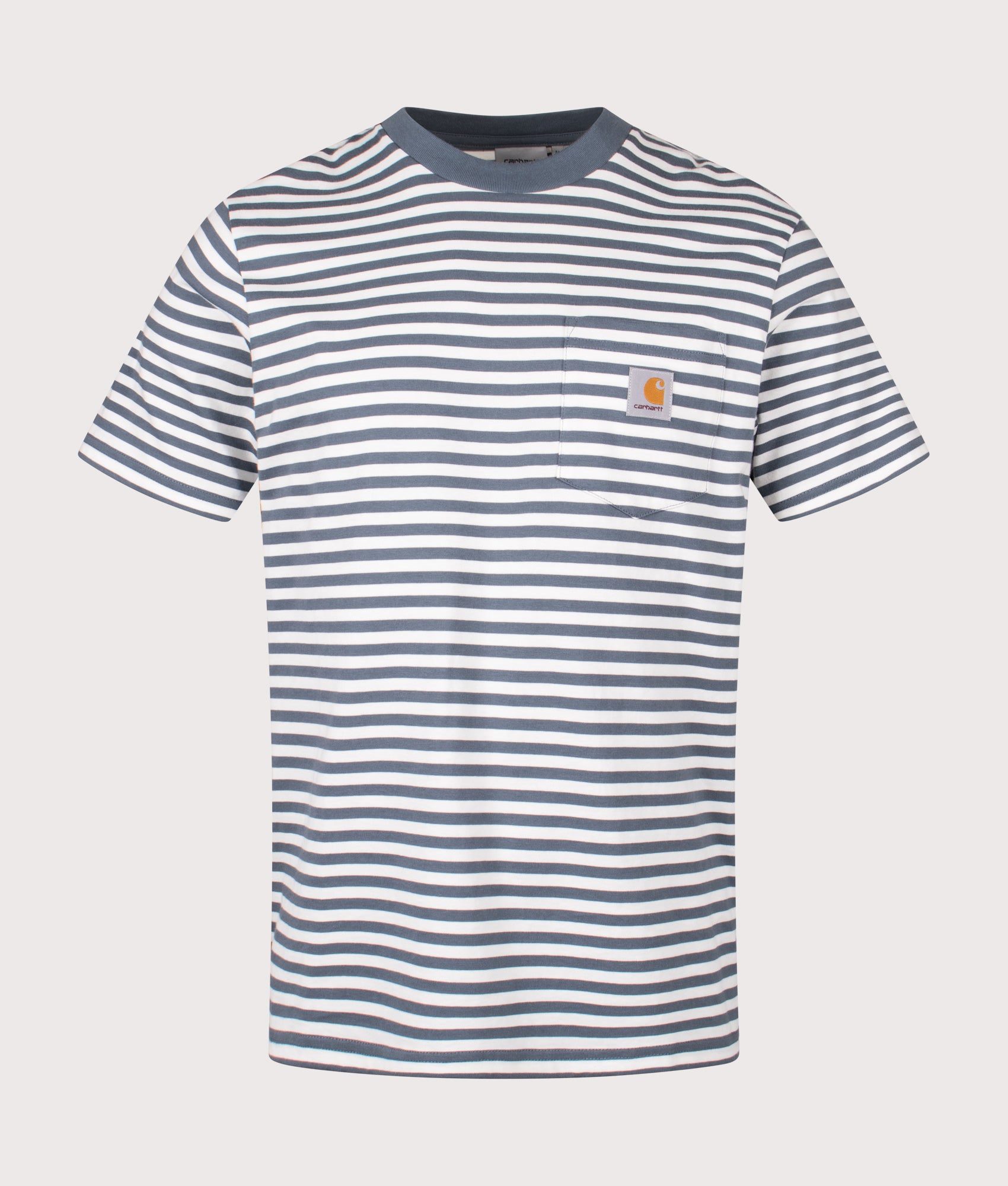 Carhartt WIP Ezra Pocket T-Shirt in Ezra Stripe, Cozy Blue and Wax at EQVVS Menswear. Front shot.