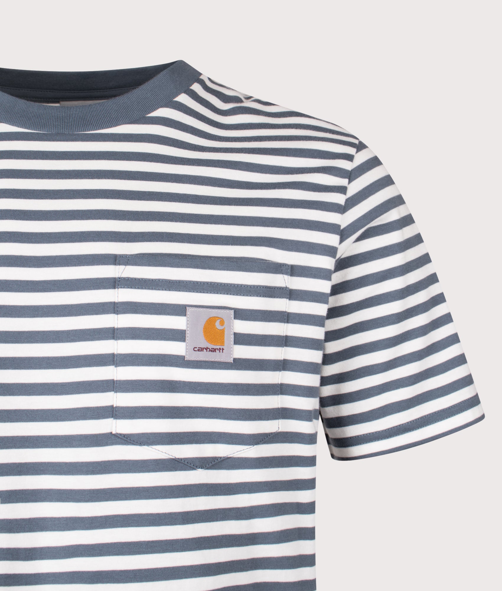 Carhartt WIP Ezra Pocket T-Shirt in Ezra Stripe, Cozy Blue and Wax at EQVVS Menswear. Detail shot.