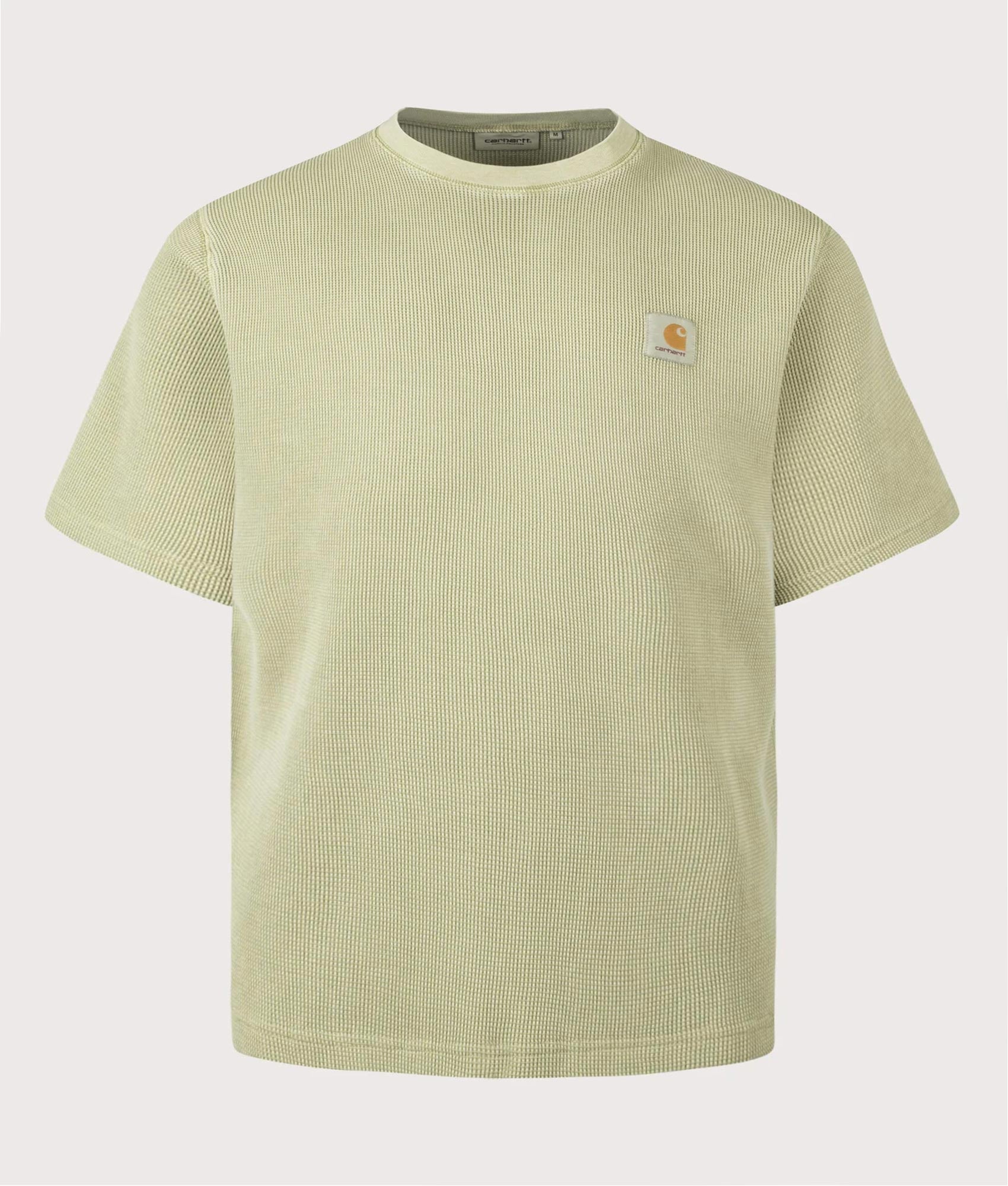 Carhartt WIP Relaxed Fit Nelson Waffle T-Shirt in Gentle Green at EQVVS Menswear. Front shot.