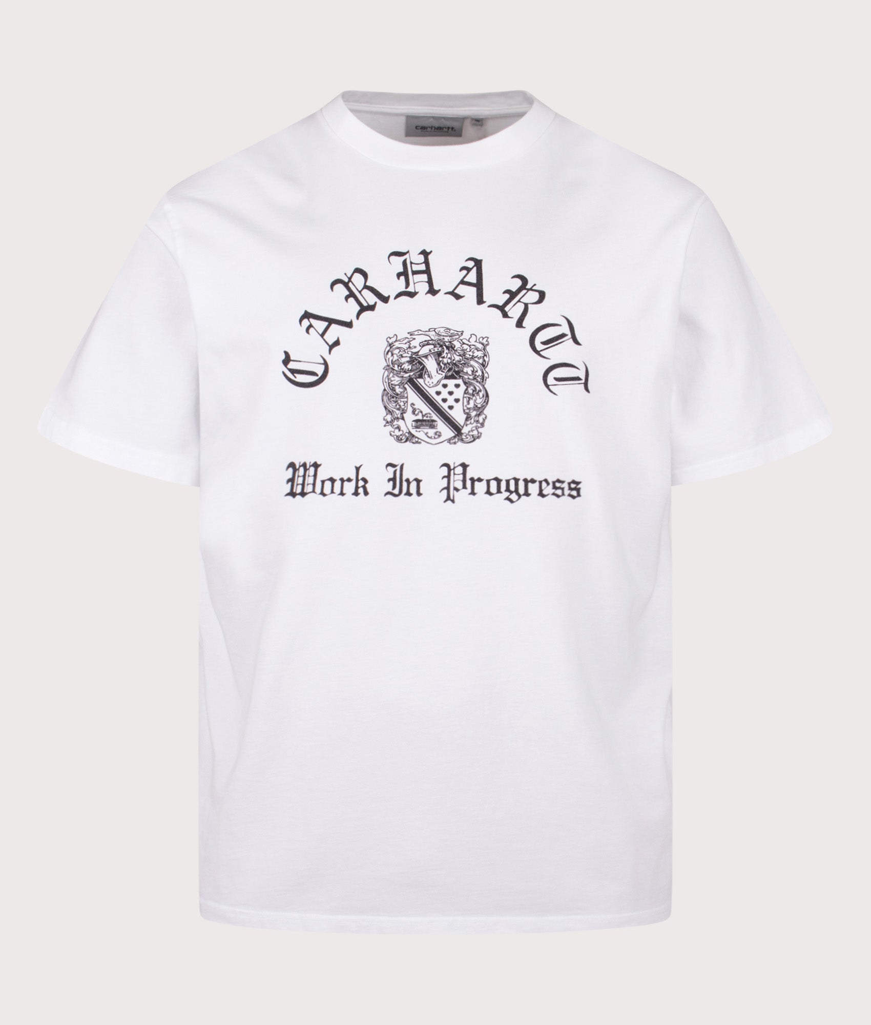 Carhartt WIP Loose Fit Coat Of Arms T-Shirt in White Heavy Stone Wash at EQVVS Menswear. Front shot.