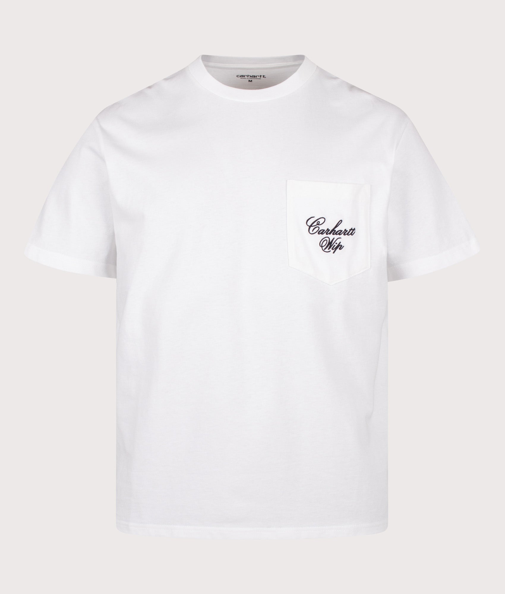 Carhartt WIP Loose Fit Longhand Pocket T-Shirt in White and Black at EQVVS Menswear. Front shot.