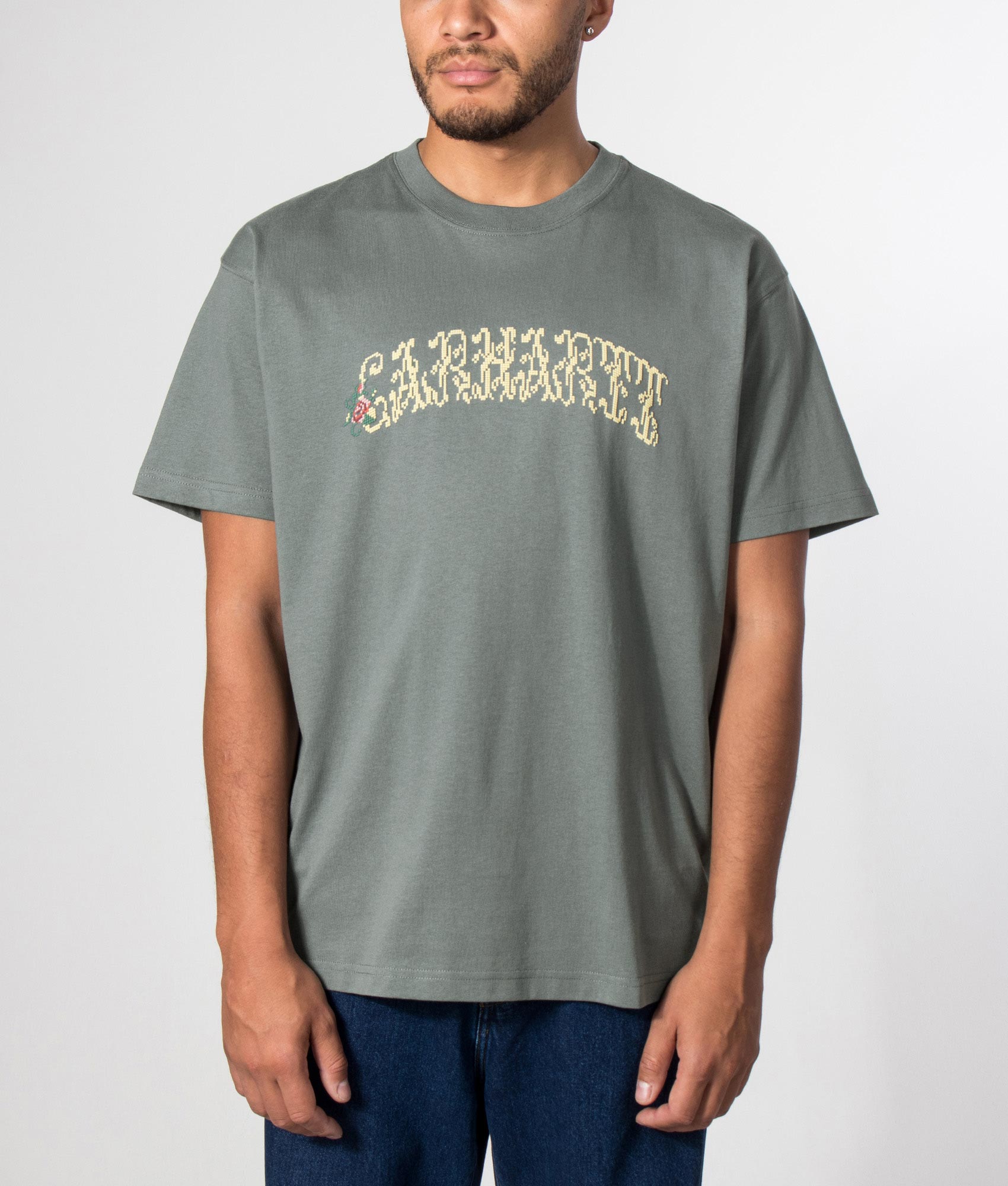 Carhartt WIP Loose Fit Monogram T-Shirt in Velvet Green at EQVVS Menswear. Model front shot.