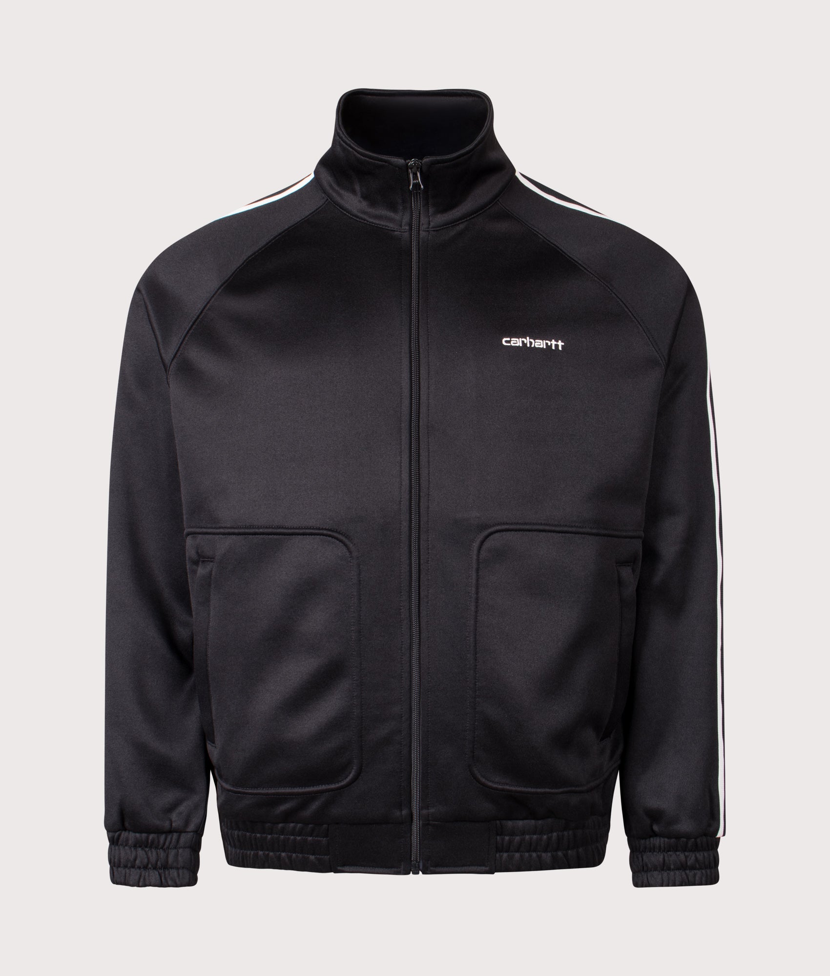 Carhartt WIP Relaxed Fit Bolar Sweat Jacket in Black and Wax at EQVVS Menswear. Front shot.