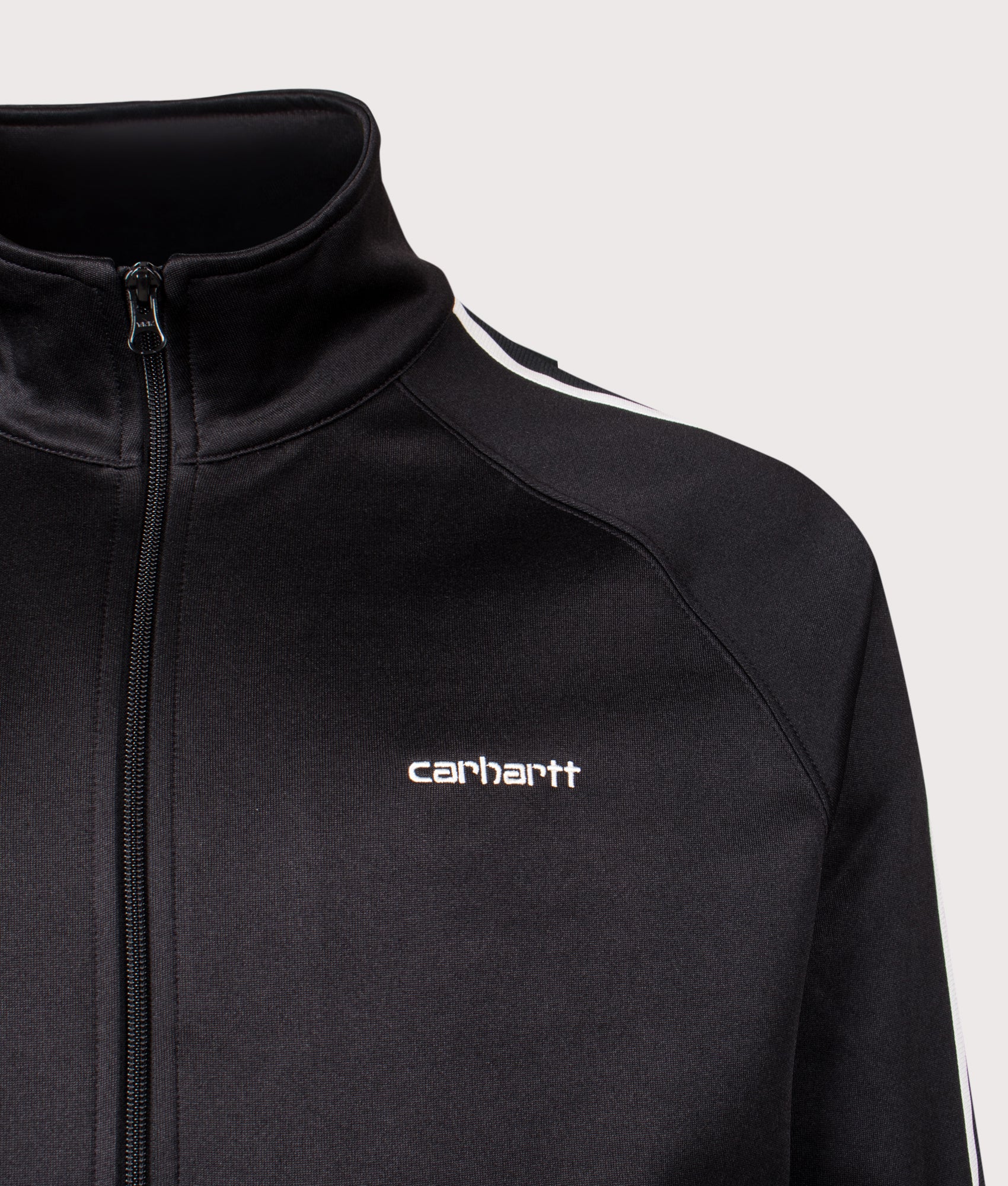 Carhartt WIP Relaxed Fit Bolar Sweat Jacket in Black and Wax at EQVVS Menswear. Detail shot.