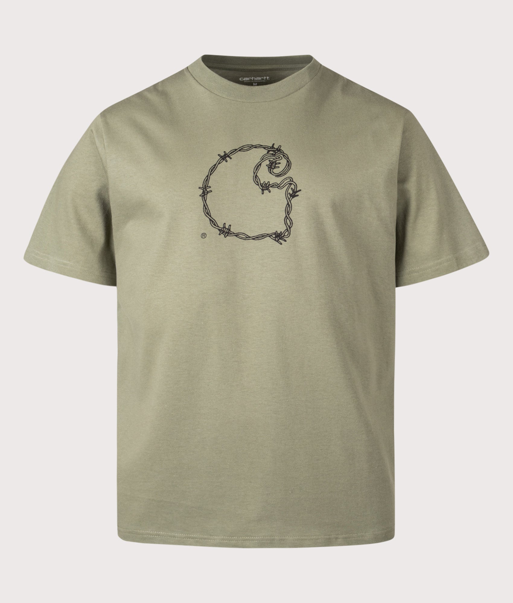 Carhartt WIP Loose Fit Barbwire C T-Shirt in Dollar Green at EQVVS Menswear. Front shot.