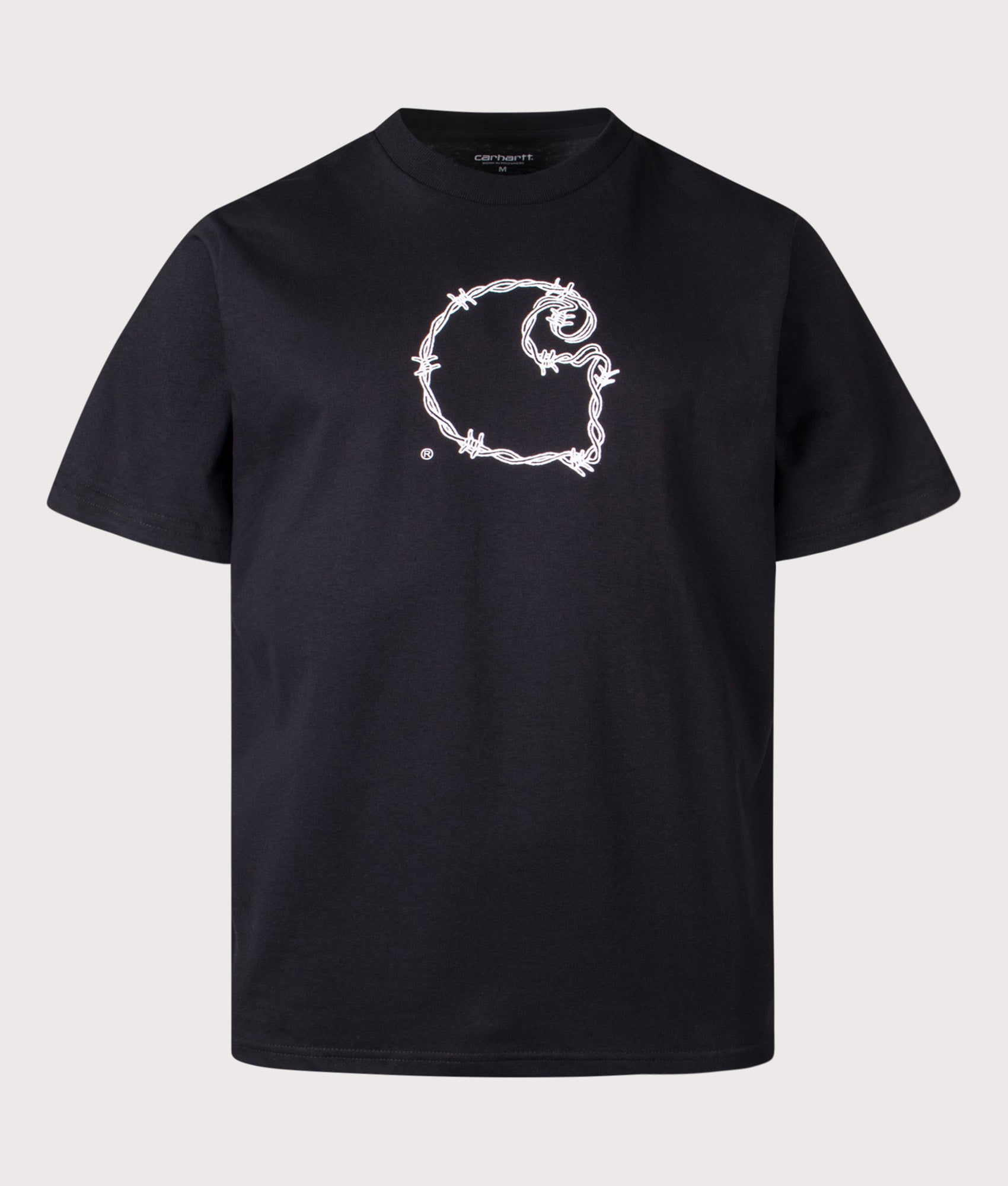 Carhartt WIP Loose Fit Barbwire C T-Shirt in Black at EQVVS Menswear. Front shot.