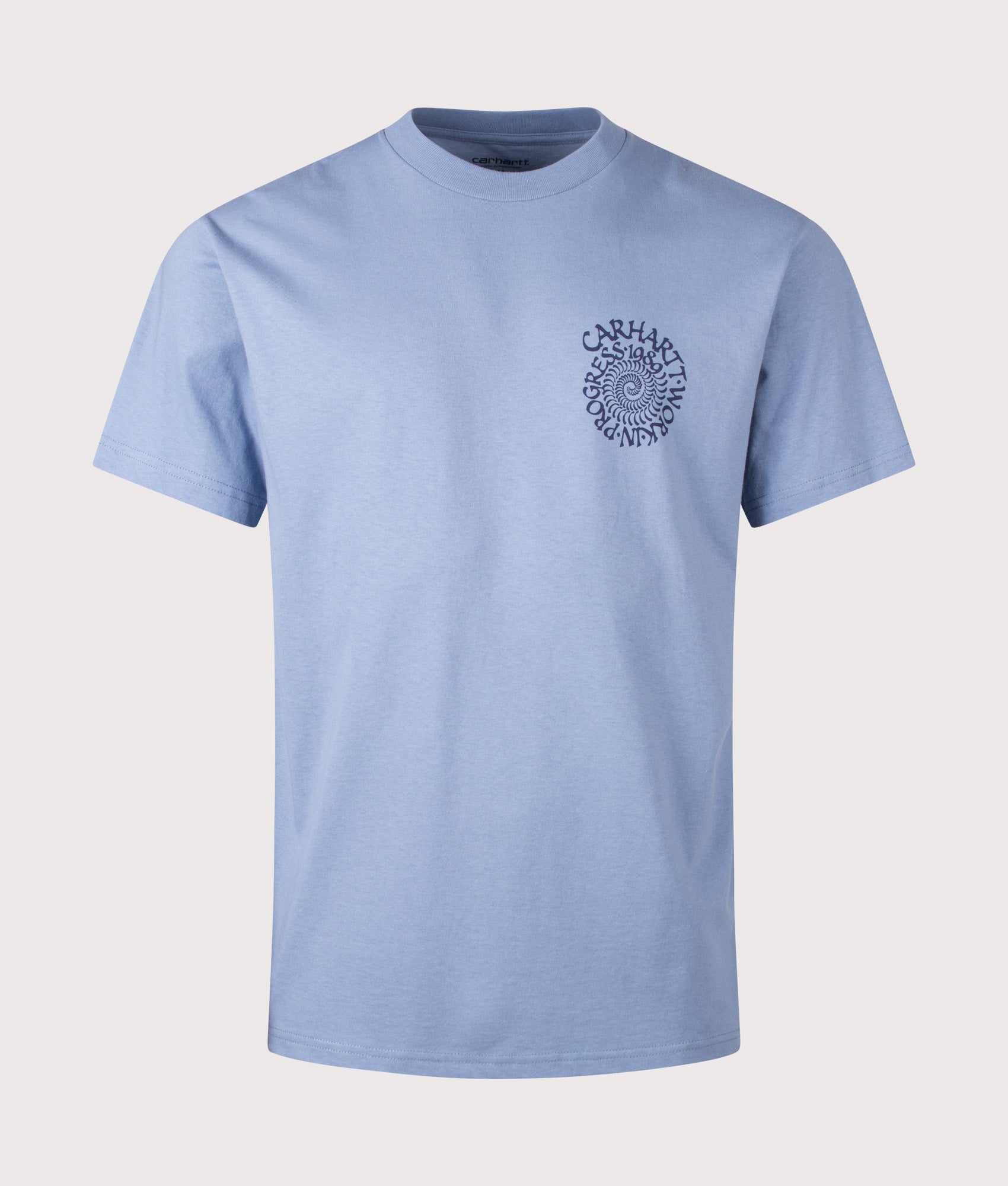 Relaxed Fit Spirals T-Shirt in Gentle Blue by Carhartt WIP. Shot by EQVVS. Front Shot.