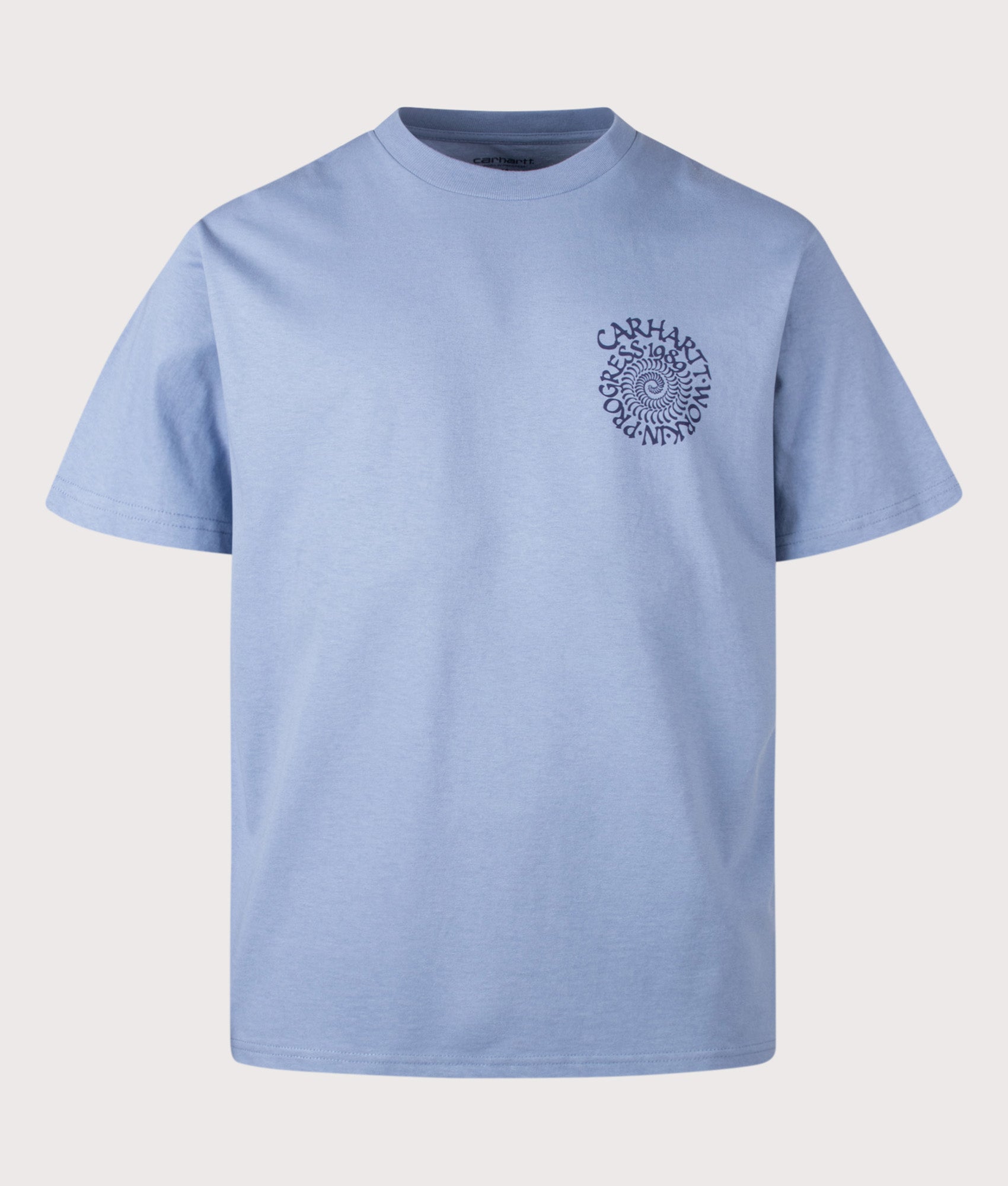 Carhartt WIP Loose Fit Spirals T-Shirt in Gentle Blue at EQVVS Menswear. Front shot.