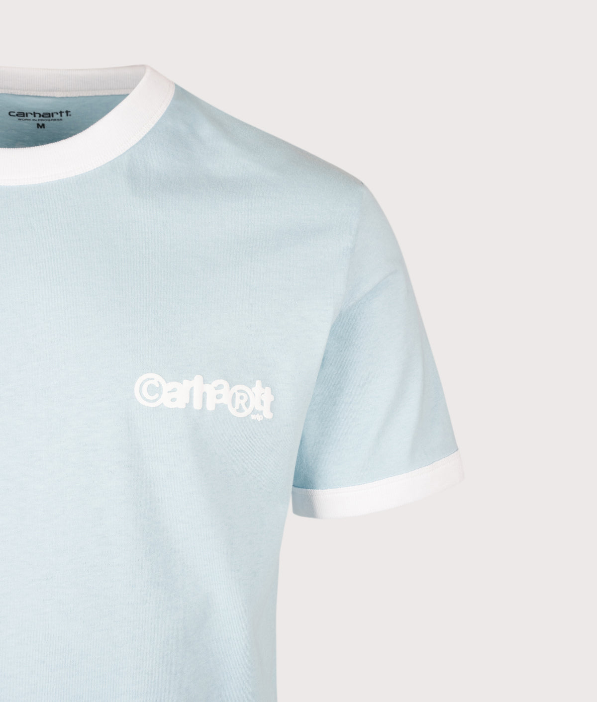 Carhartt WIP Regular Fit Ringer T-Shirt in Icaria and White at EQVVS Menswear. Detail shot.
