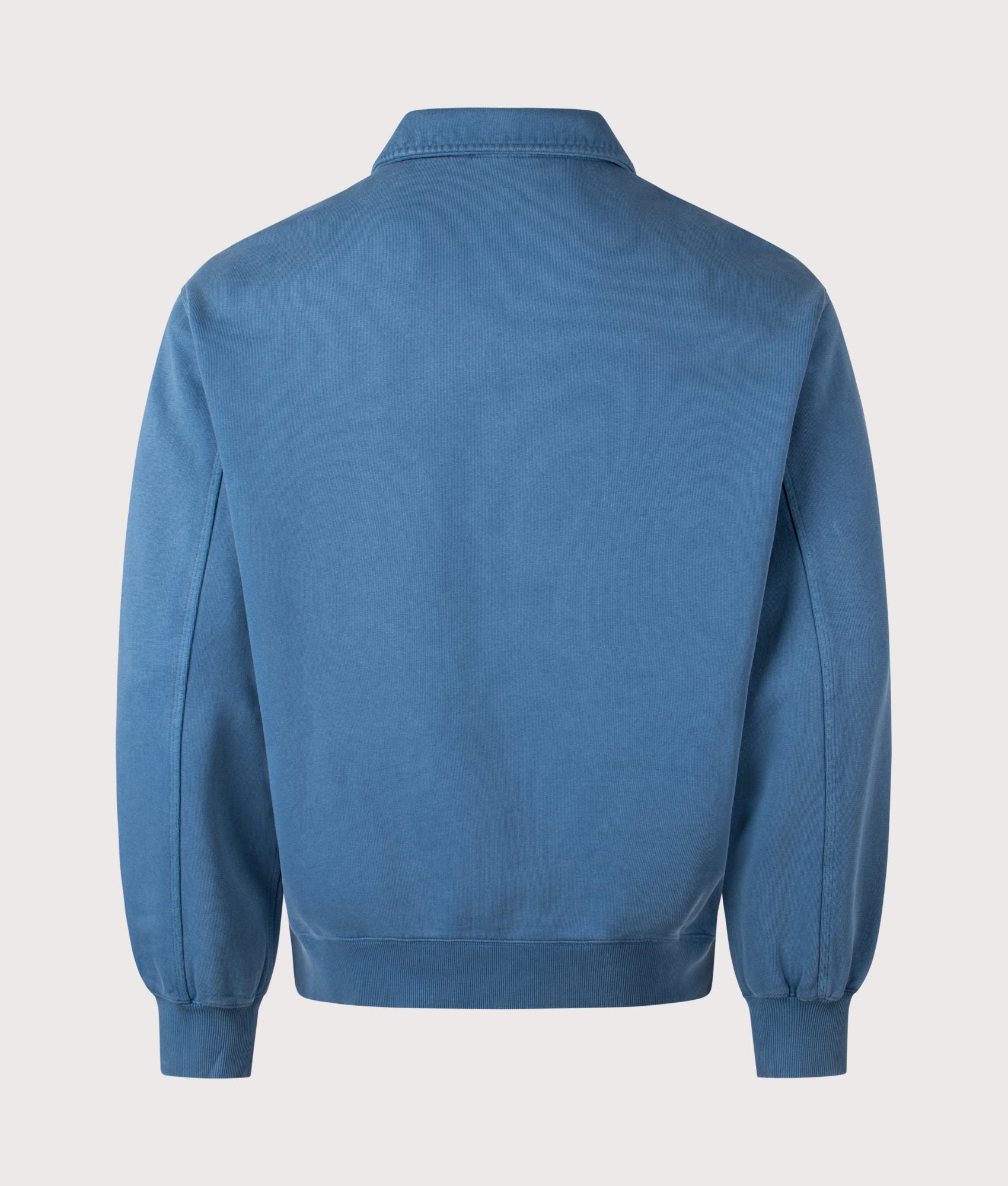 Carhartt WIP Oversized Half Zip Detroit Sweatshirt in Blue River at EQVVS Menswear. Back shot.