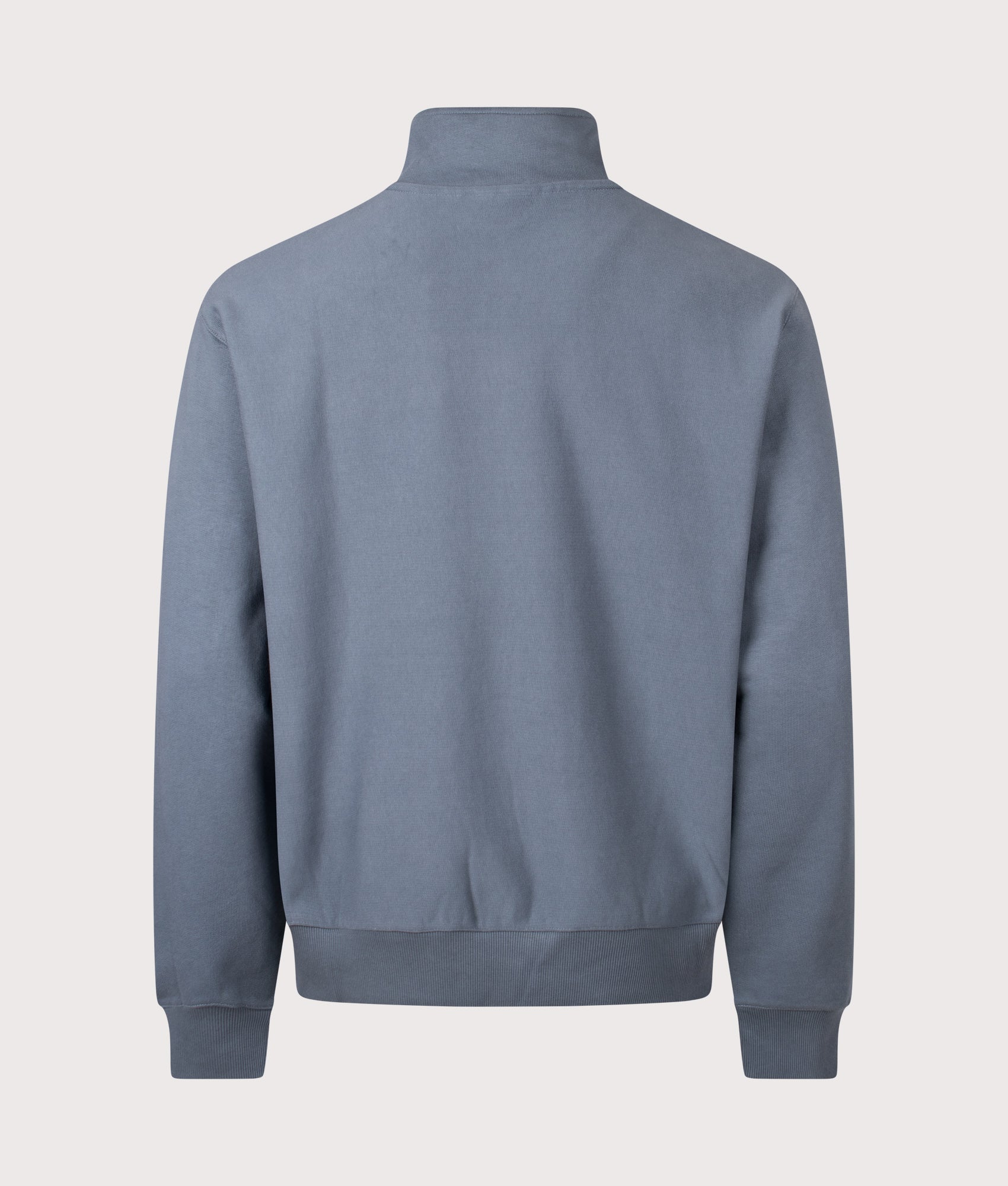 Carhartt WIP Relaxed Fit Longhand Half Zip Sweatshirt in Cozy Blue and White at EQVVS Menswear. Back shot.