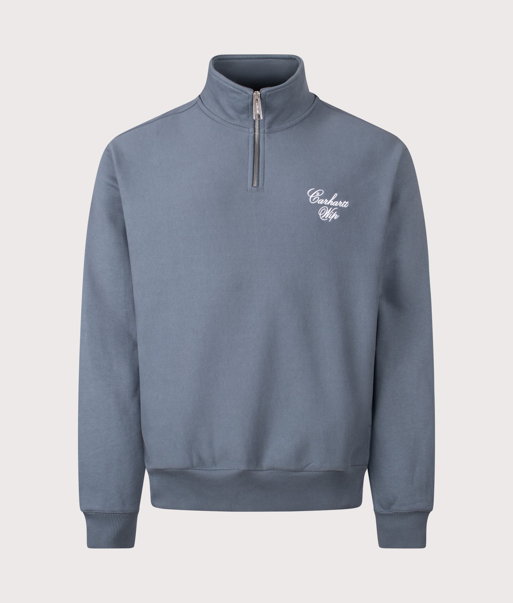 Carhartt WIP Relaxed Fit Longhand Half Zip Sweatshirt in Cozy Blue and White at EQVVS Menswear. Front shot.