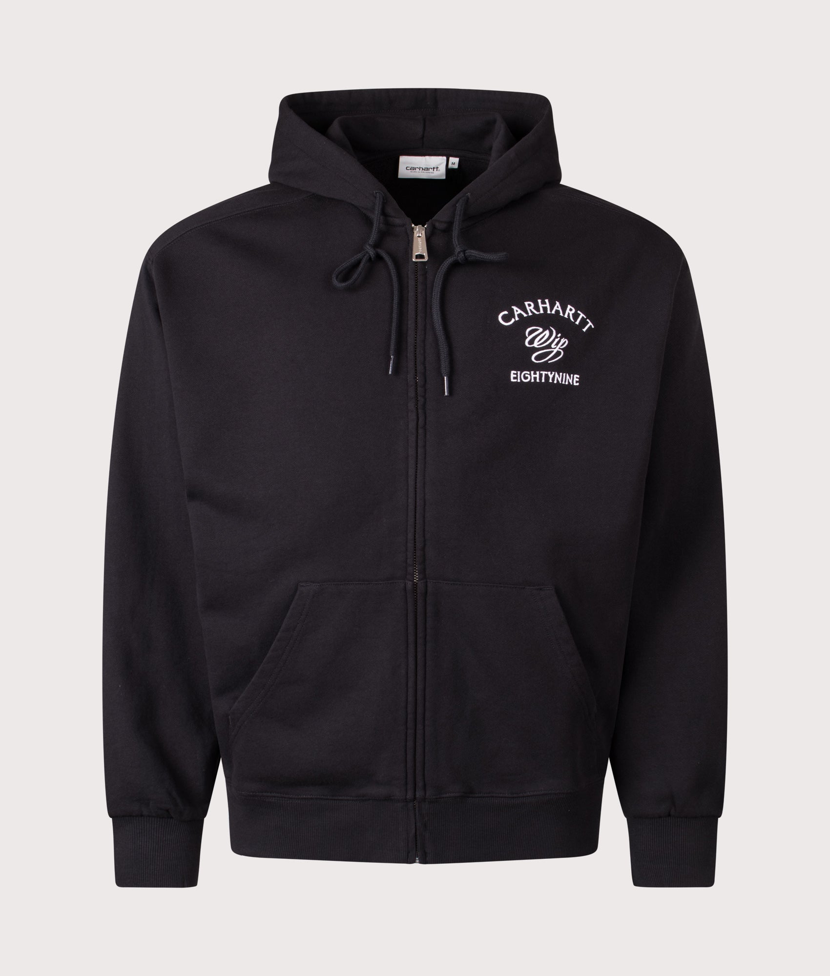 Carhartt WIP Oversized Eightynine Hooded Sweat Jacket in Black at EQVVS Menswear. Front shot.