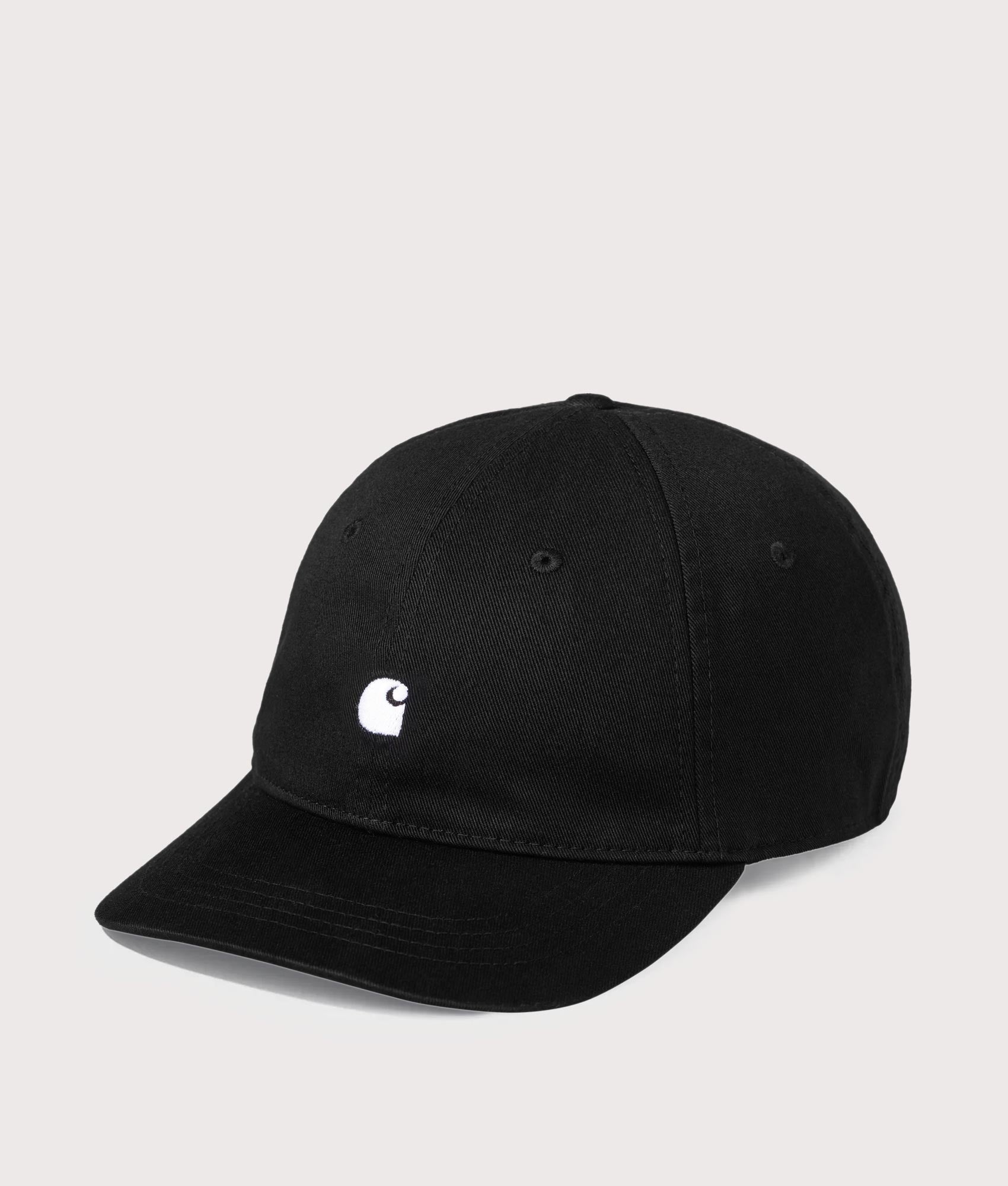 Carhartt WIP Madison Logo Cap in Black and White at EQVVS Menswear. Angled front shot.