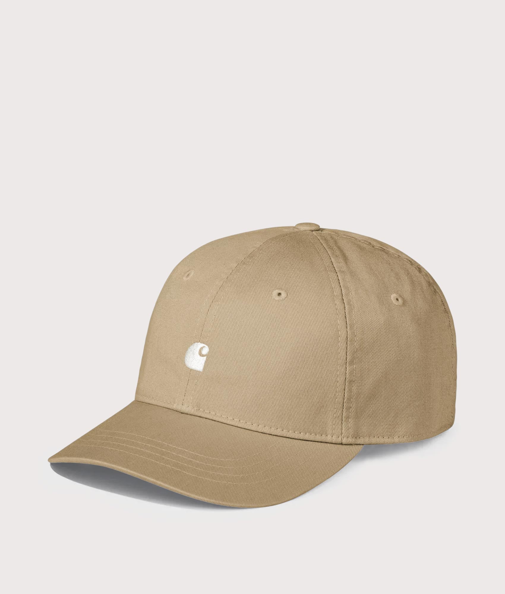 Carhartt WIP Madison Logo Cap in Leather and White at EQVVS Menswear. Angled front shot.