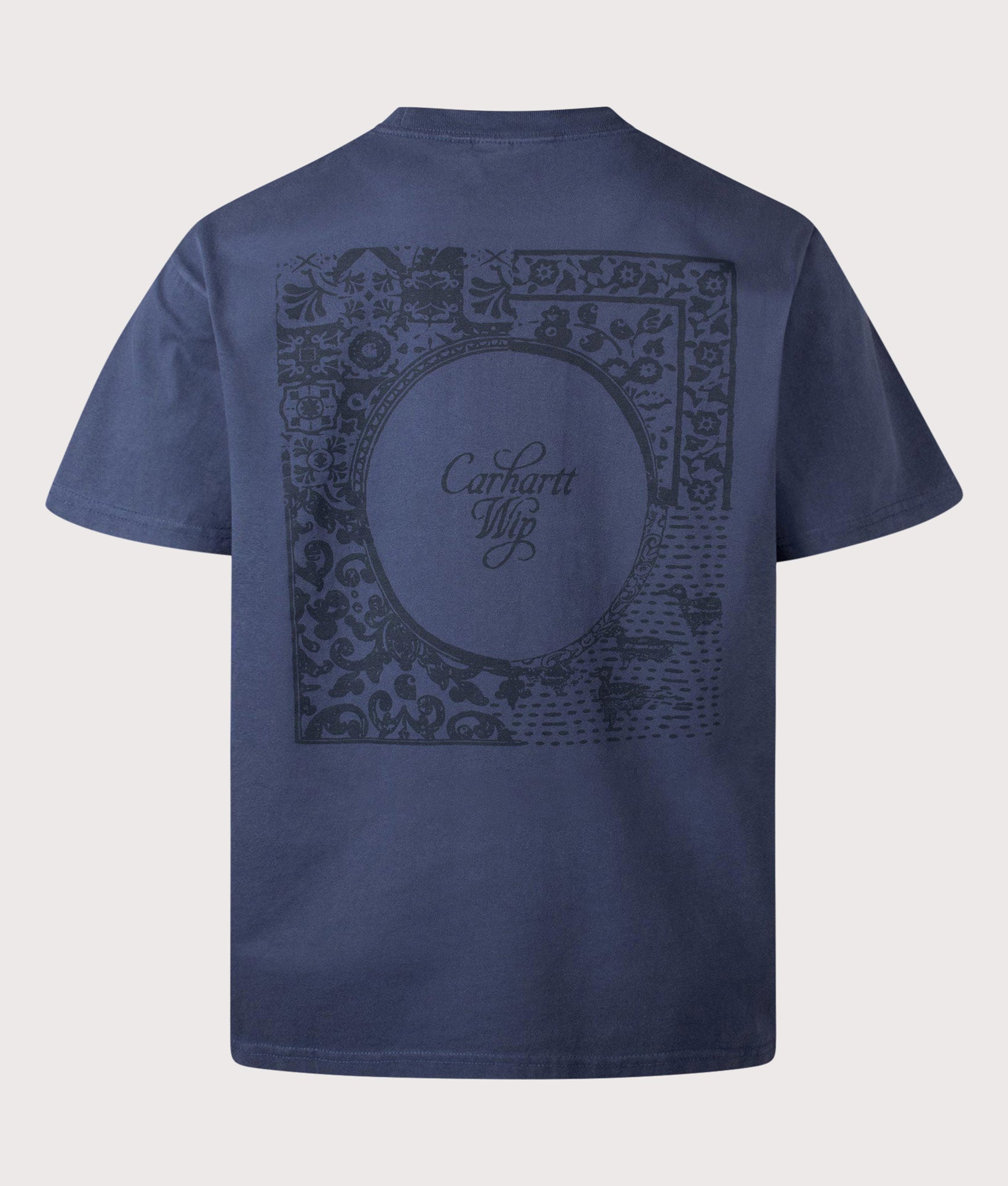 Carhartt WIP Loose Fit Vestige T-Shirt in Blue at EQVVS Menswear. Back shot.