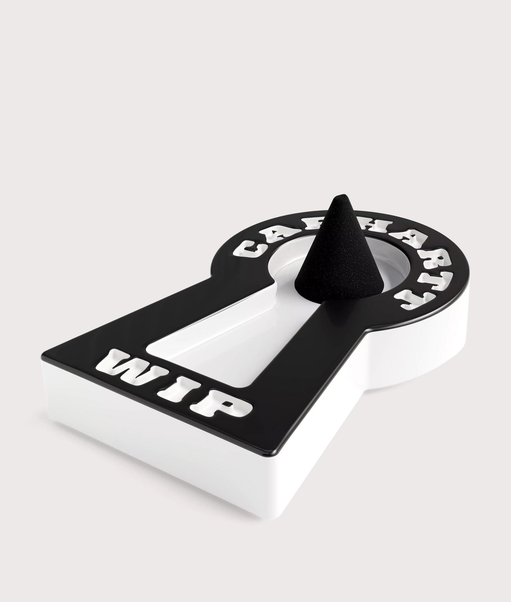 Carhartt WIP Locked Ceramic Cone Incense Holder in Black and White at EQVVS Menswear. Angled flat shot with incense. 