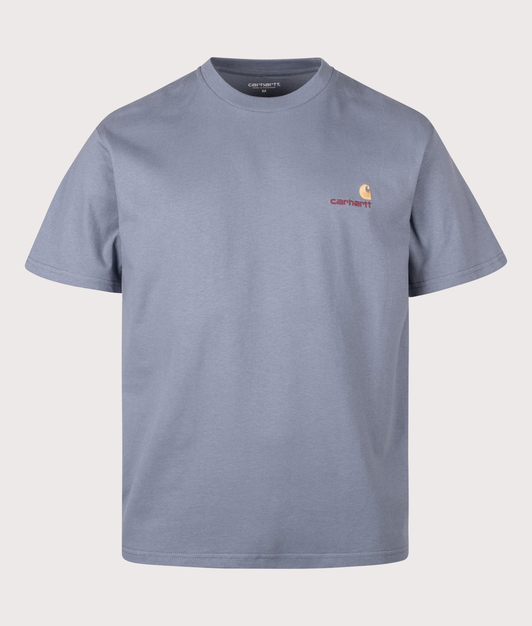 Carhartt WIP Loose Fit American Script T-Shirt in Shady Blue at EQVVS Menswear. Front shot.
