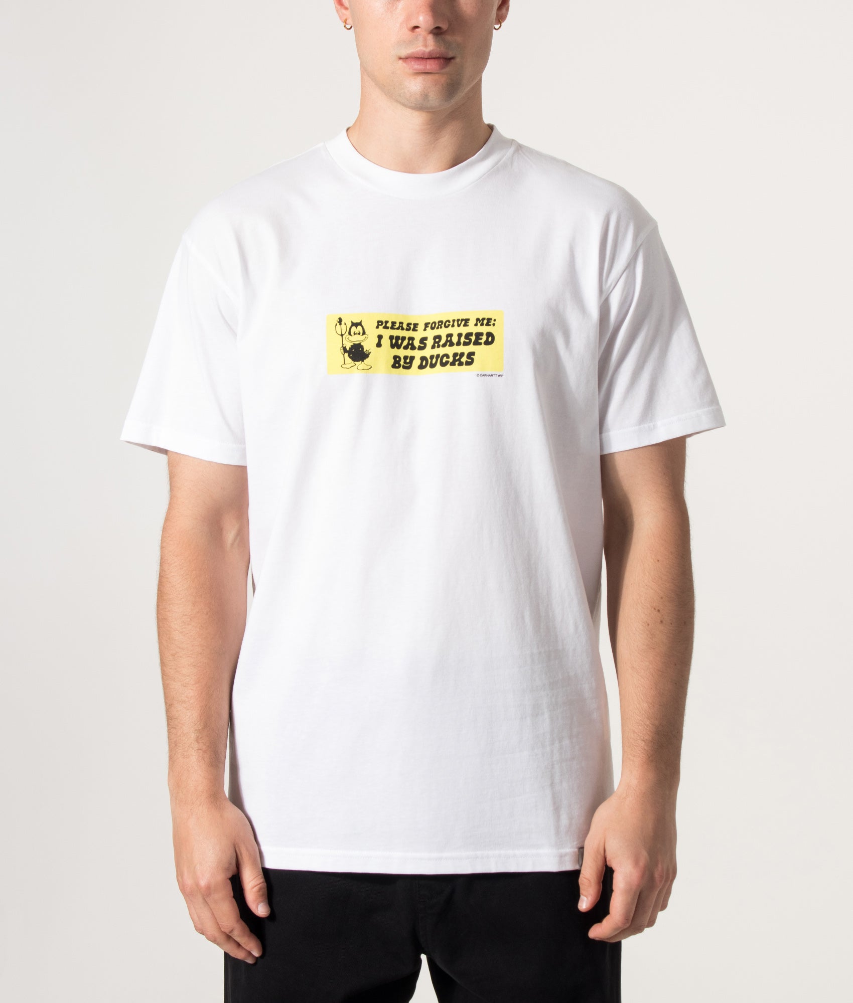 Carhartt WIP Loose Fit Bumper Stickers T-Shirt in White at EQVVS Menswear. Model front shot.
