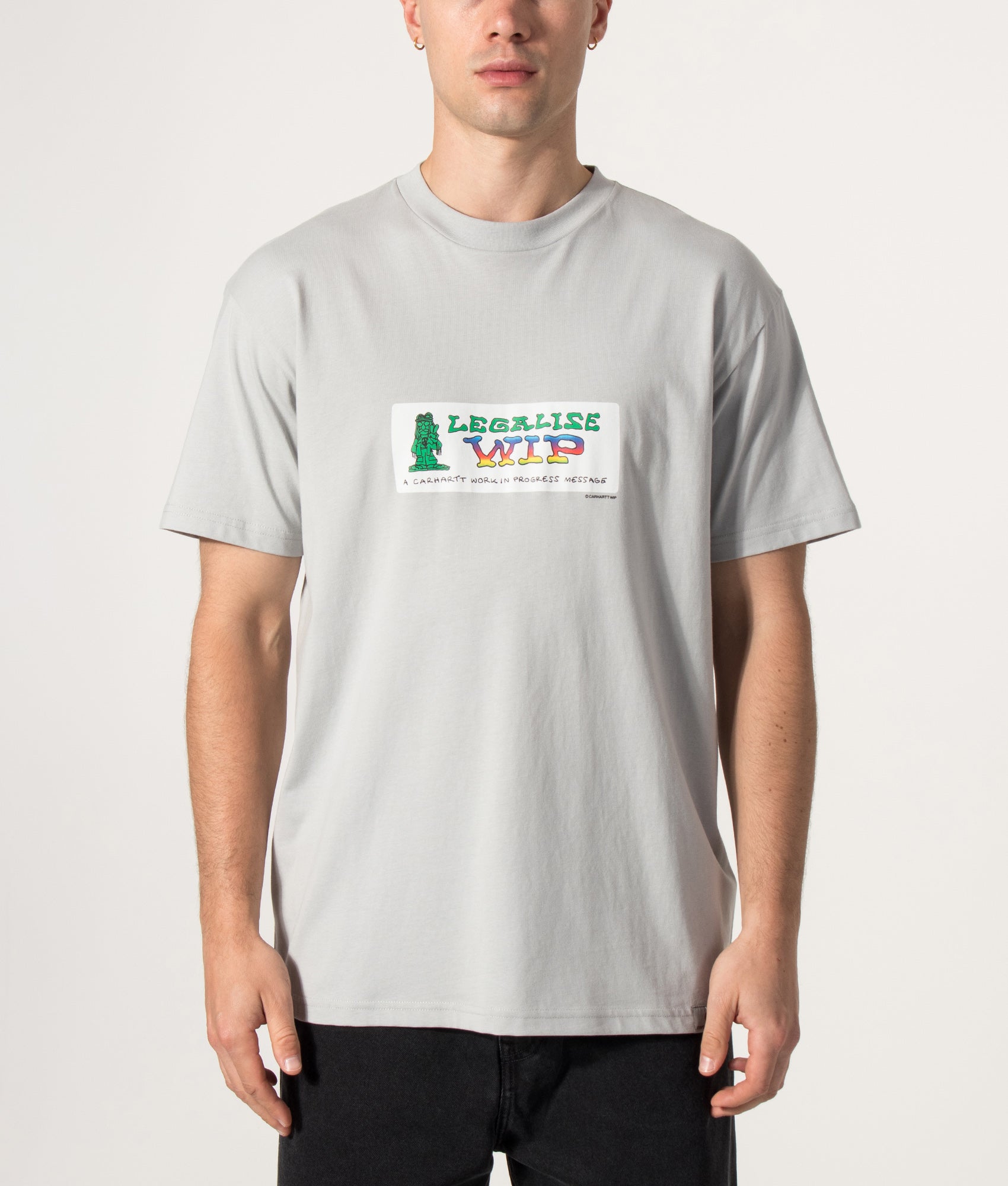 Carhartt WIP Loose Fit Bumper Stickers T-Shirt in Pontiki at EQVVS Menswear. Model front shot.