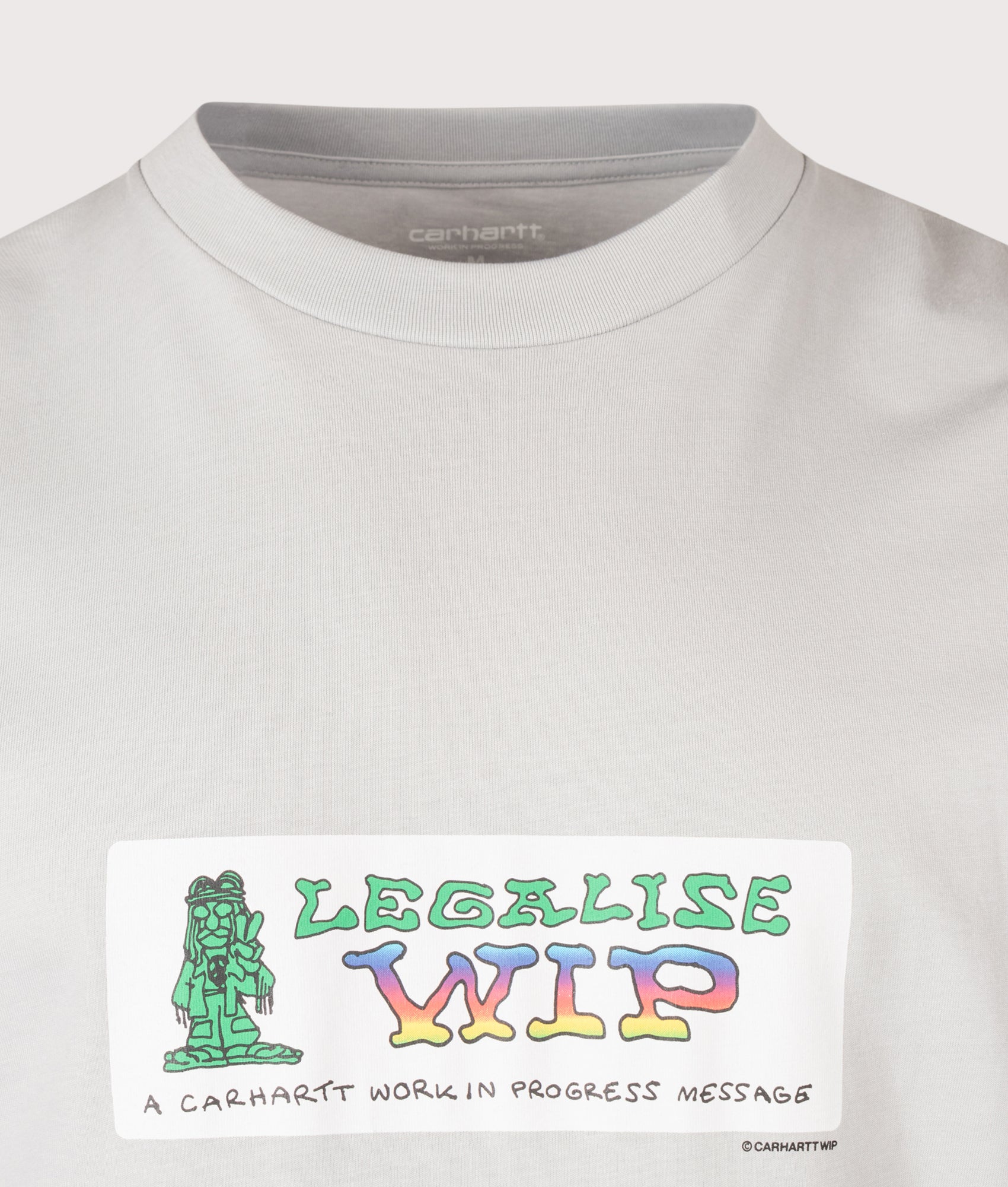 Carhartt WIP Loose Fit Bumper Stickers T-Shirt in Pontiki at EQVVS Menswear. Detail shot.