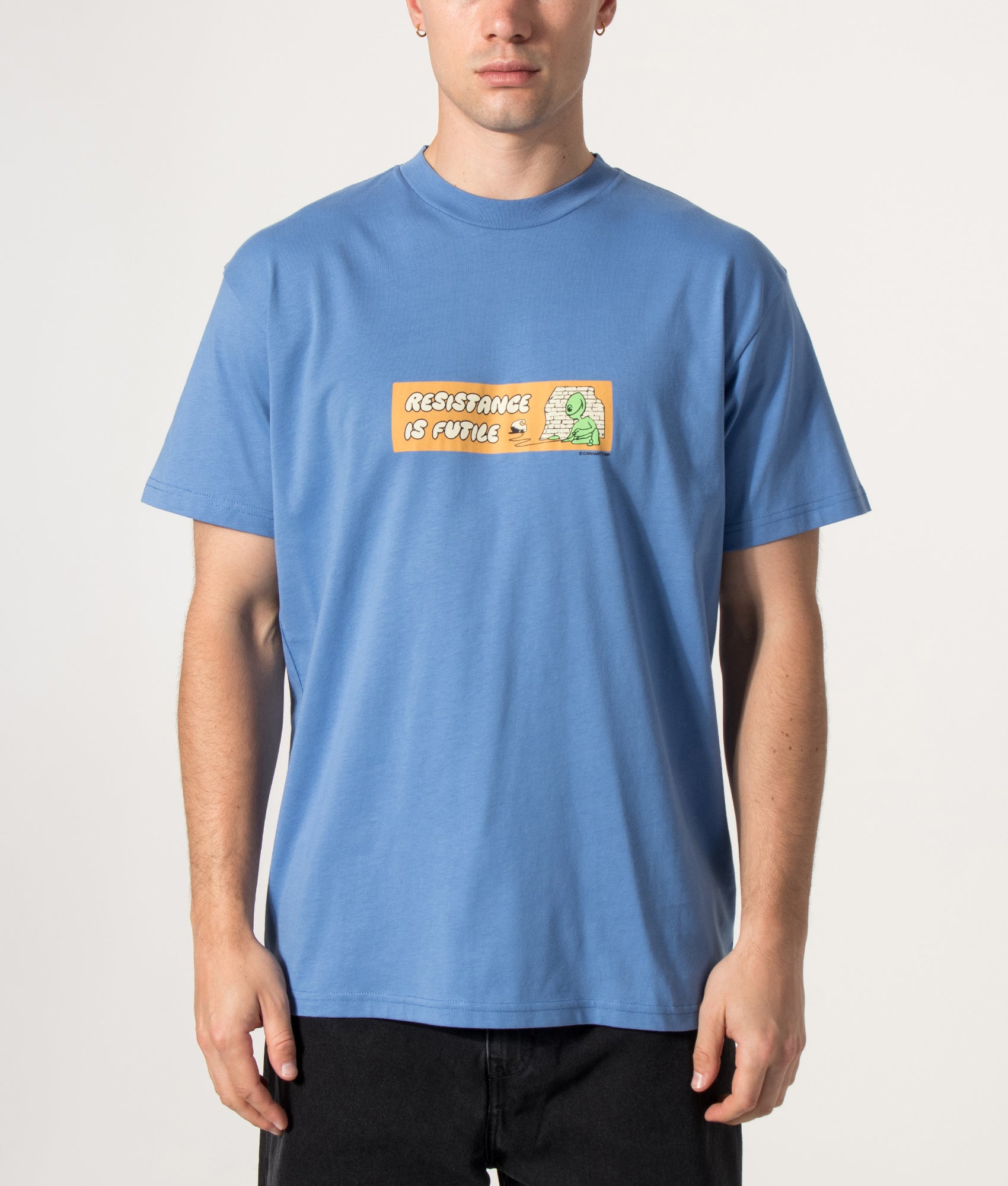 Carhartt WIP Loose Fit Bumper Stickers T-Shirt in Curacao at EQVVS Menswear. Model front shot.