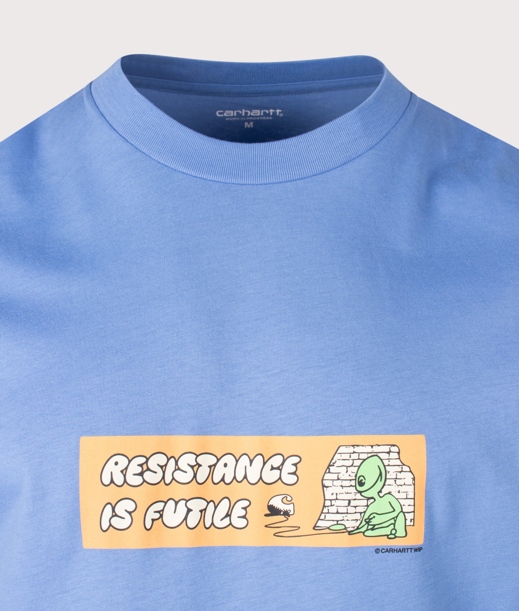 Carhartt WIP Loose Fit Bumper Stickers T-Shirt in Curacao at EQVVS Menswear. Detail shot.