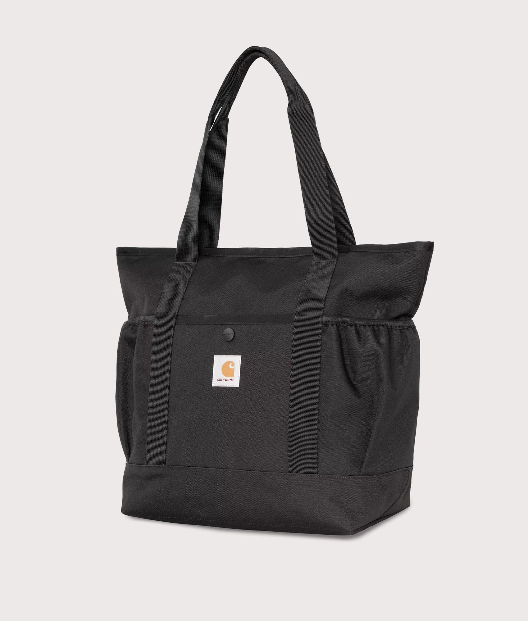Carhartt WIP Clapton Tote Bag in Black at EQVVS Menswear. Angled front shot.