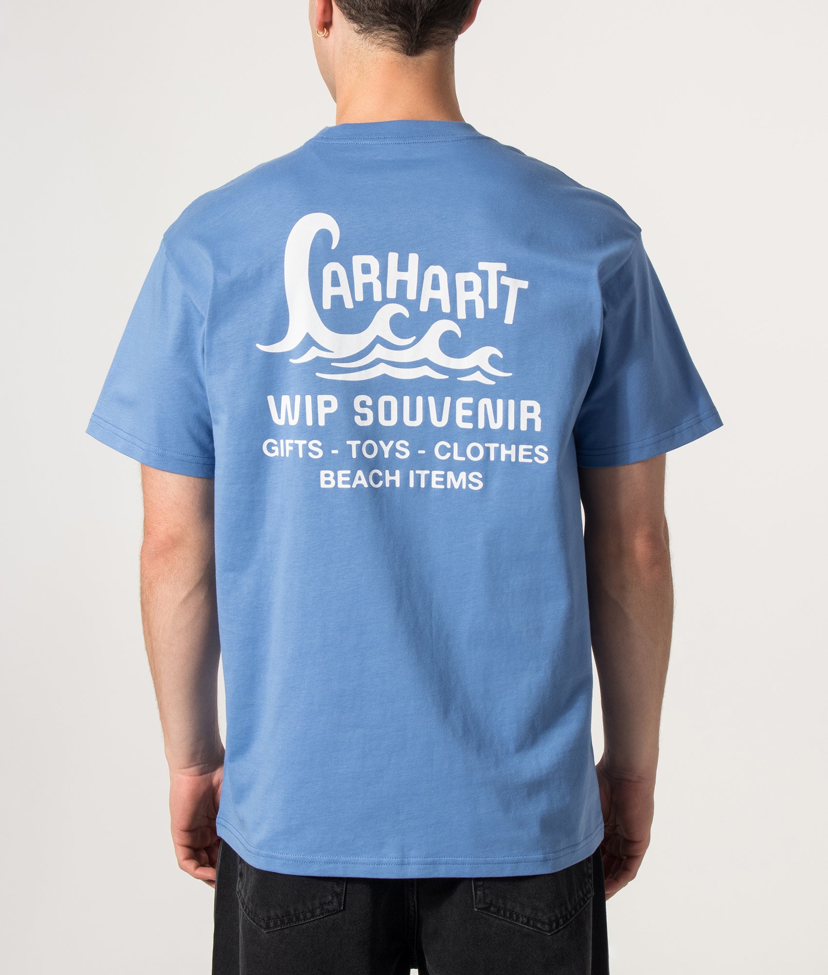 Carhartt WIP Loose Fit Waves T-Shirt in Curacao at EQVVS Menswear. Model Back shot.