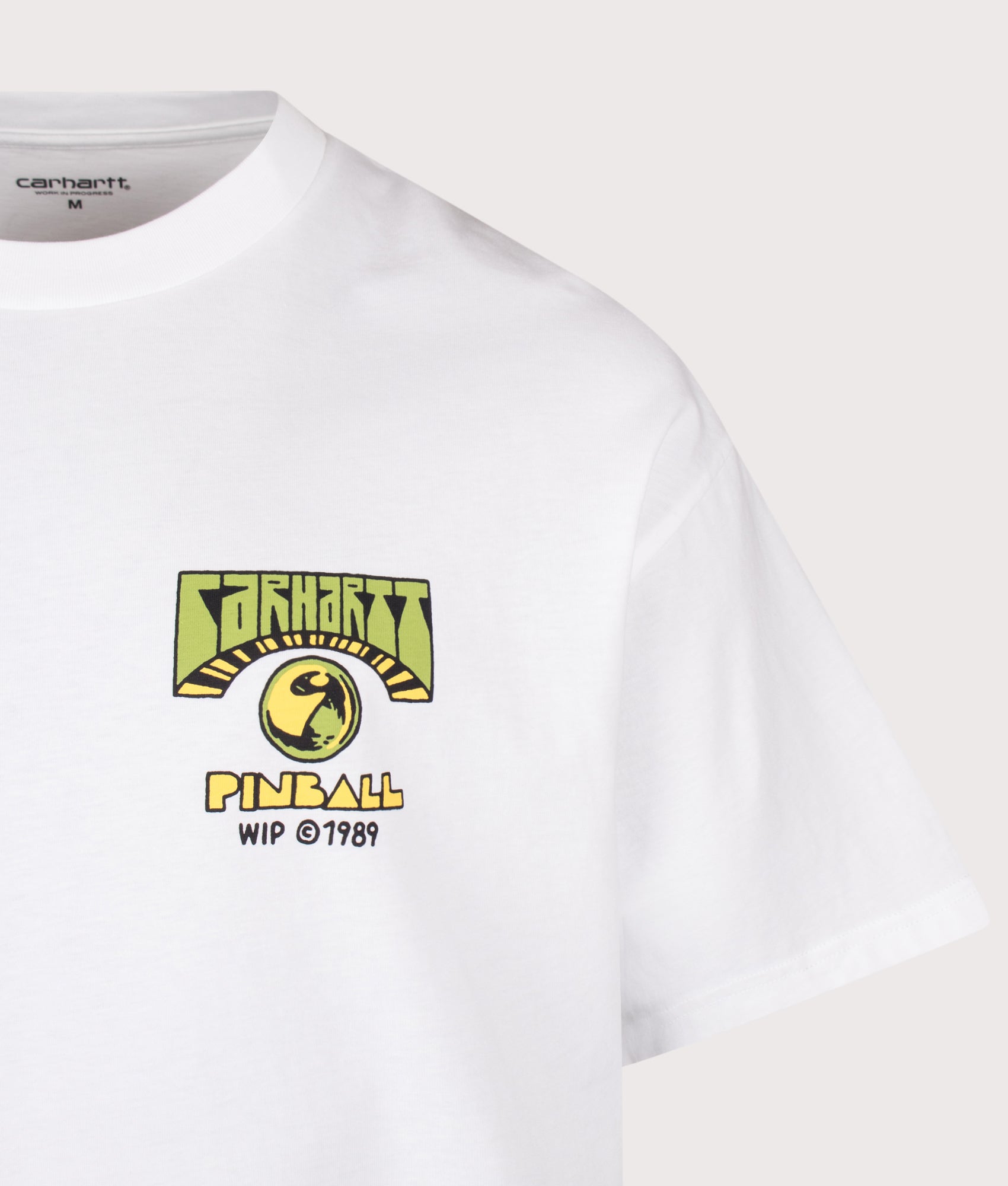 Carhartt WIP Oversized Fit Pinball T-Shirt in White at EQVVS Menswear. Detail shot.