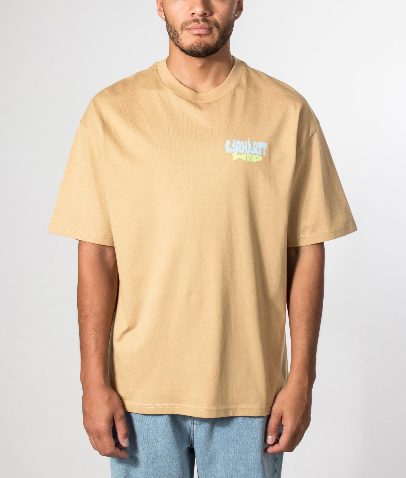 Carhartt WIP Oversized Fit Luggage Label T-Shirt in Dusty H Brown at EQVVS Menswear. Model front shot.
