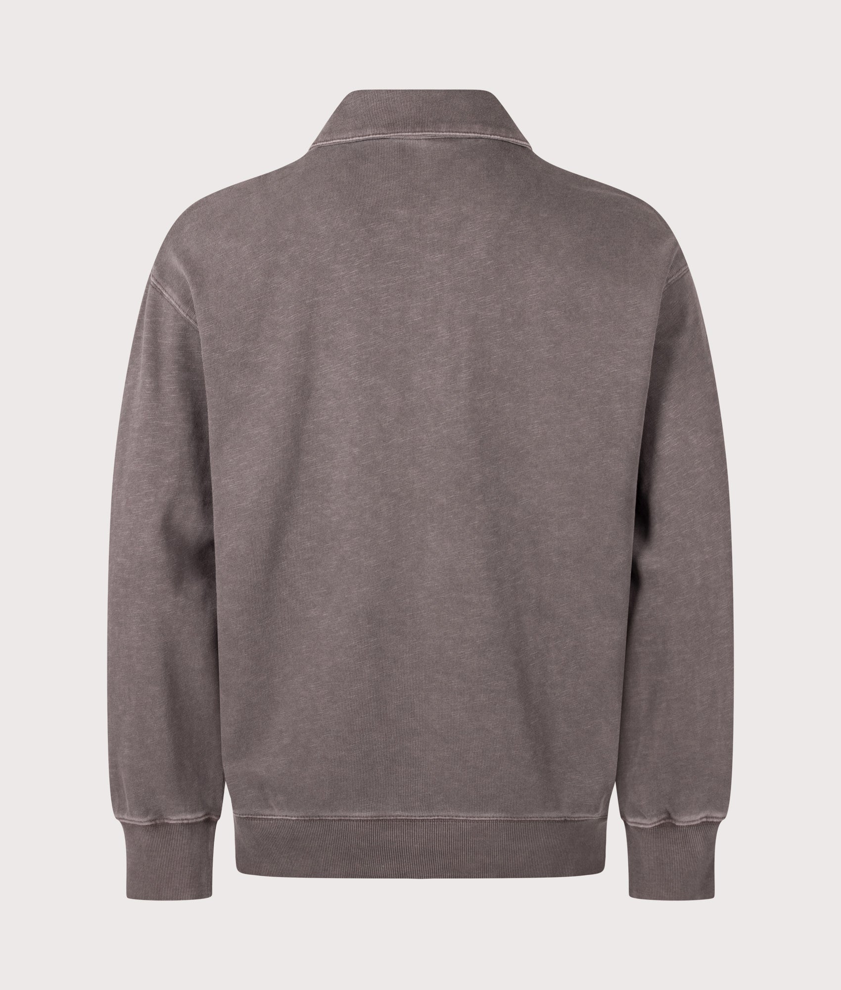 Carhartt WIP Balloon Fit Harper Quarter Zip Sweatshirt in Garment Dyed Tobacco at EQVVS Menswear. Back shot.