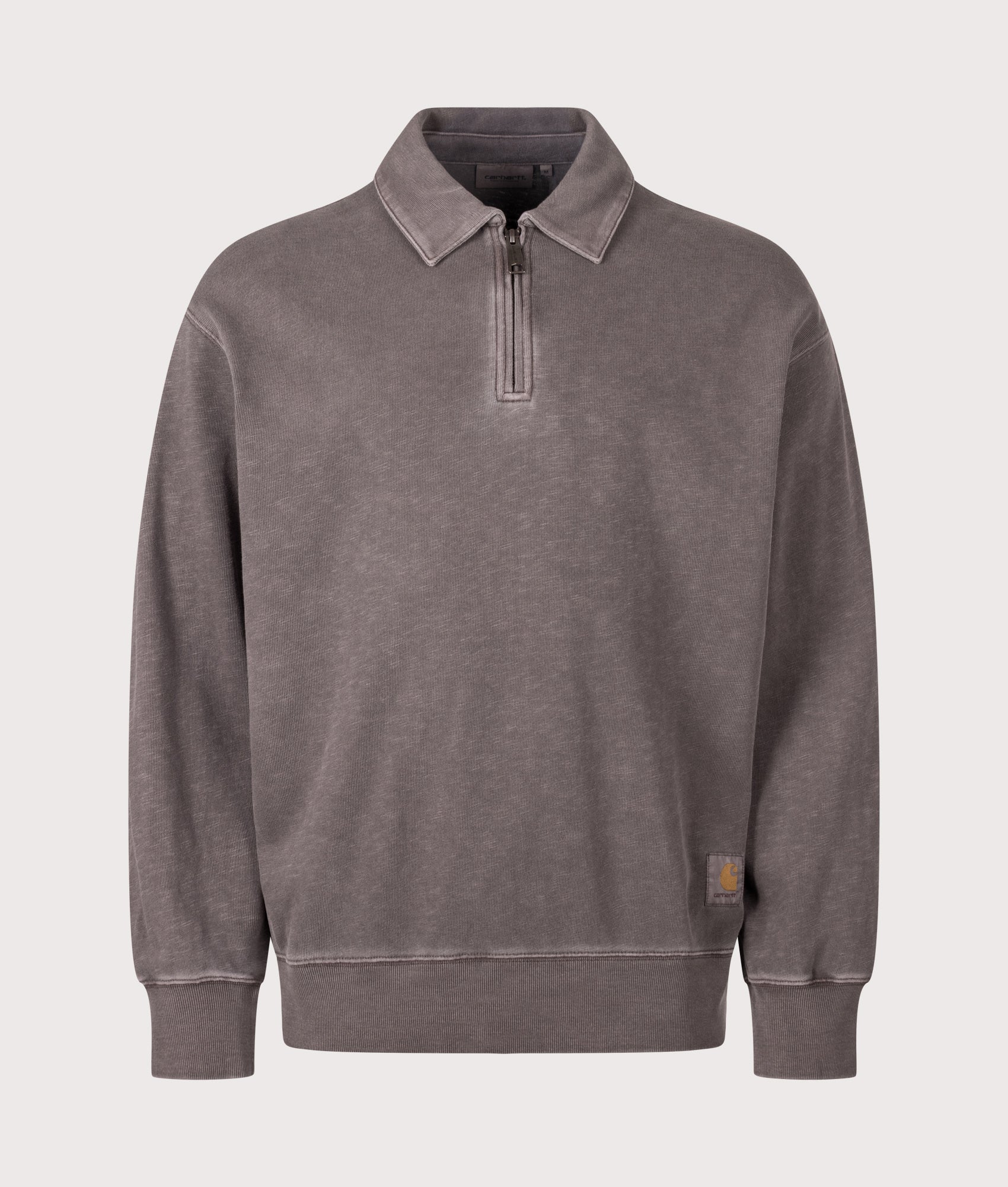 Carhartt WIP Balloon Fit Harper Quarter Zip Sweatshirt in Garment Dyed Tobacco at EQVVS Menswear. Front shot.