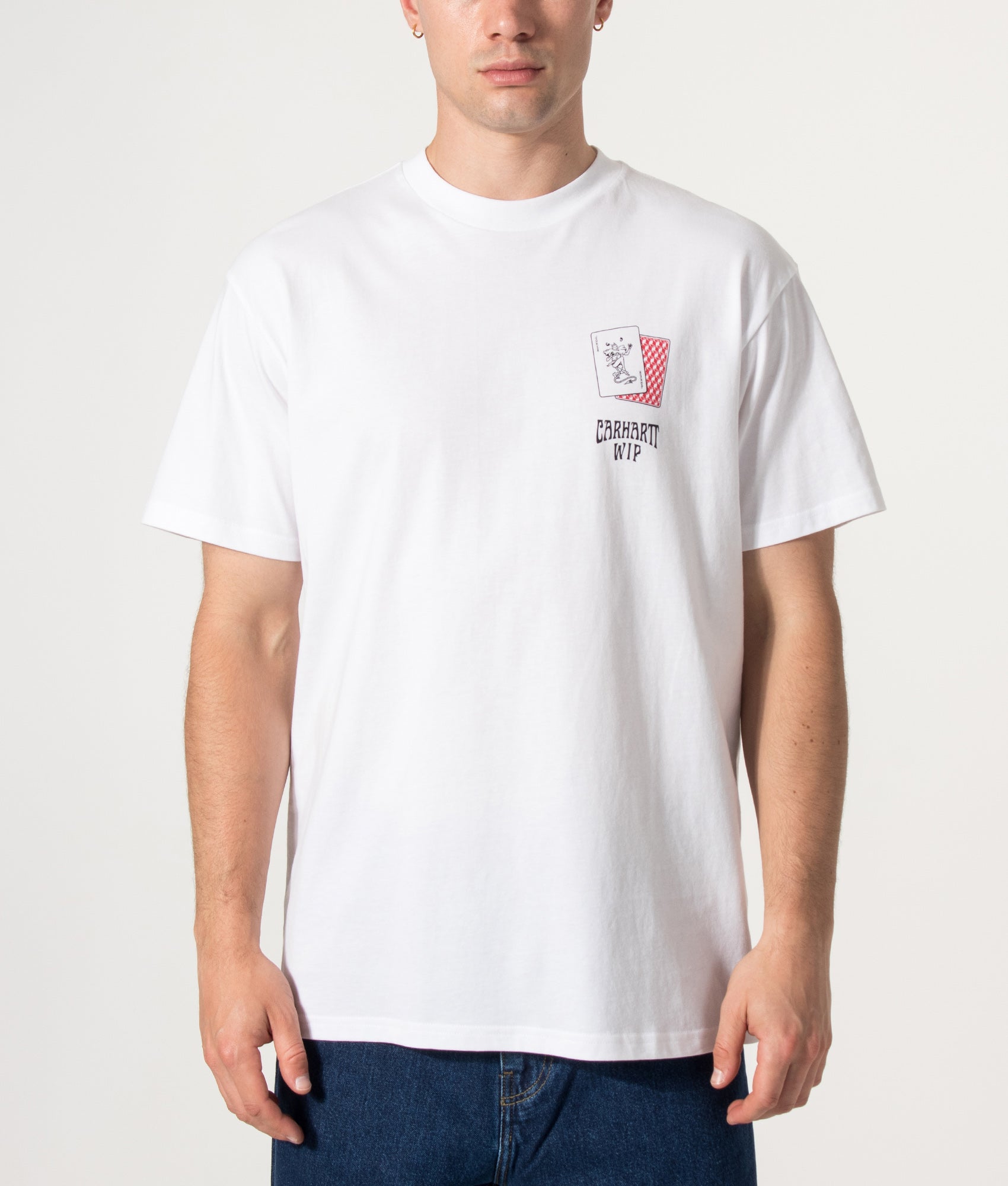 Carhartt WIP Loose Fit Playing Cards T-Shirt in White at EQVVS Menswear. Model front shot.