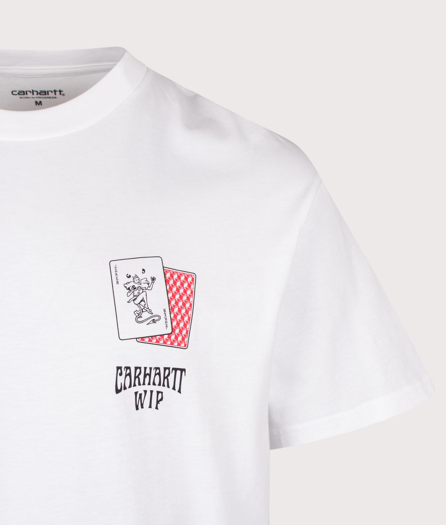 Carhartt WIP Loose Fit Playing Cards T-Shirt in White at EQVVS Menswear. Detail shot.