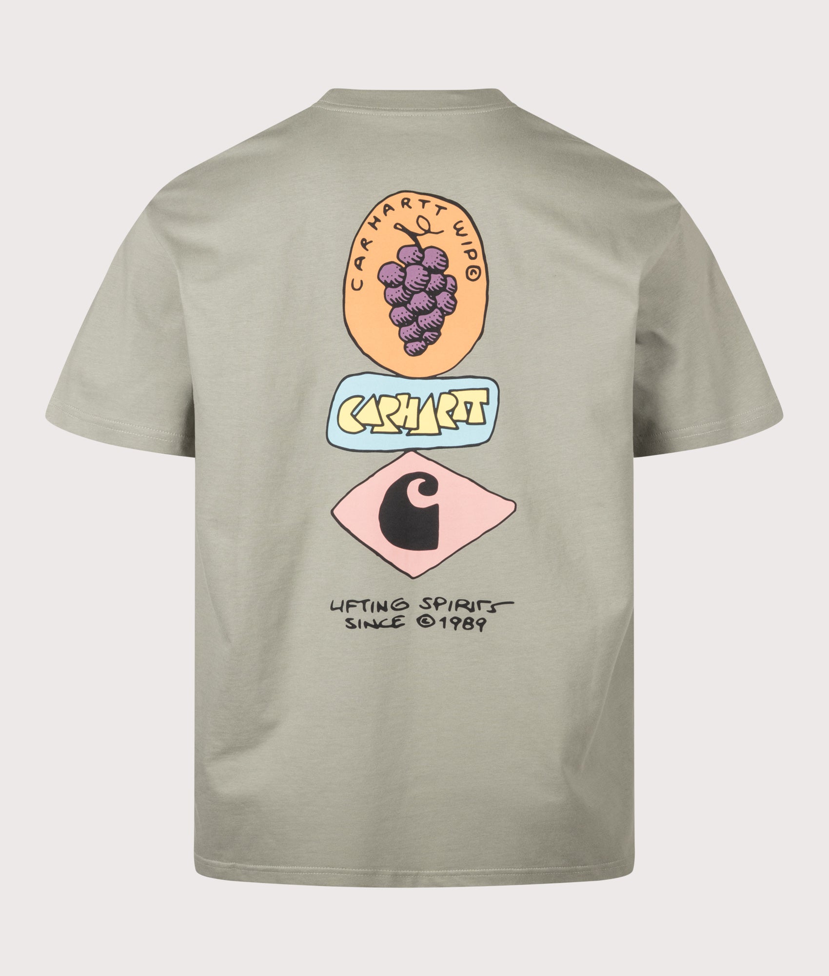 Carhartt WIP Loose Fit Stacked Grapes T-Shirt in Shady Green at EQVVS Menswear. Back shot.